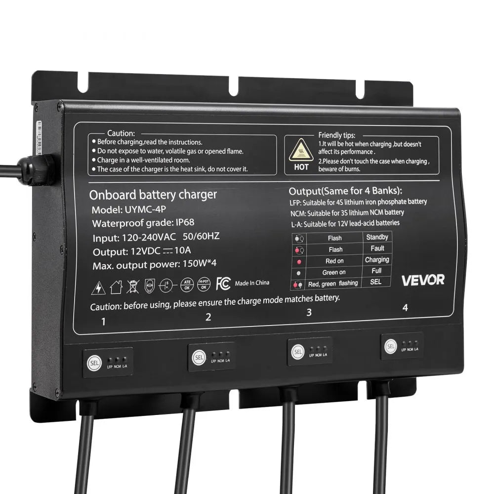 UYMC-4P 4-Bank 12V 10A Marine Battery Charger | IP68 Waterproof Smart On-Board Charger for LiFePO4, Lithium-Ion (NCM) & Lead-Acid Batteries | 600W Total Output