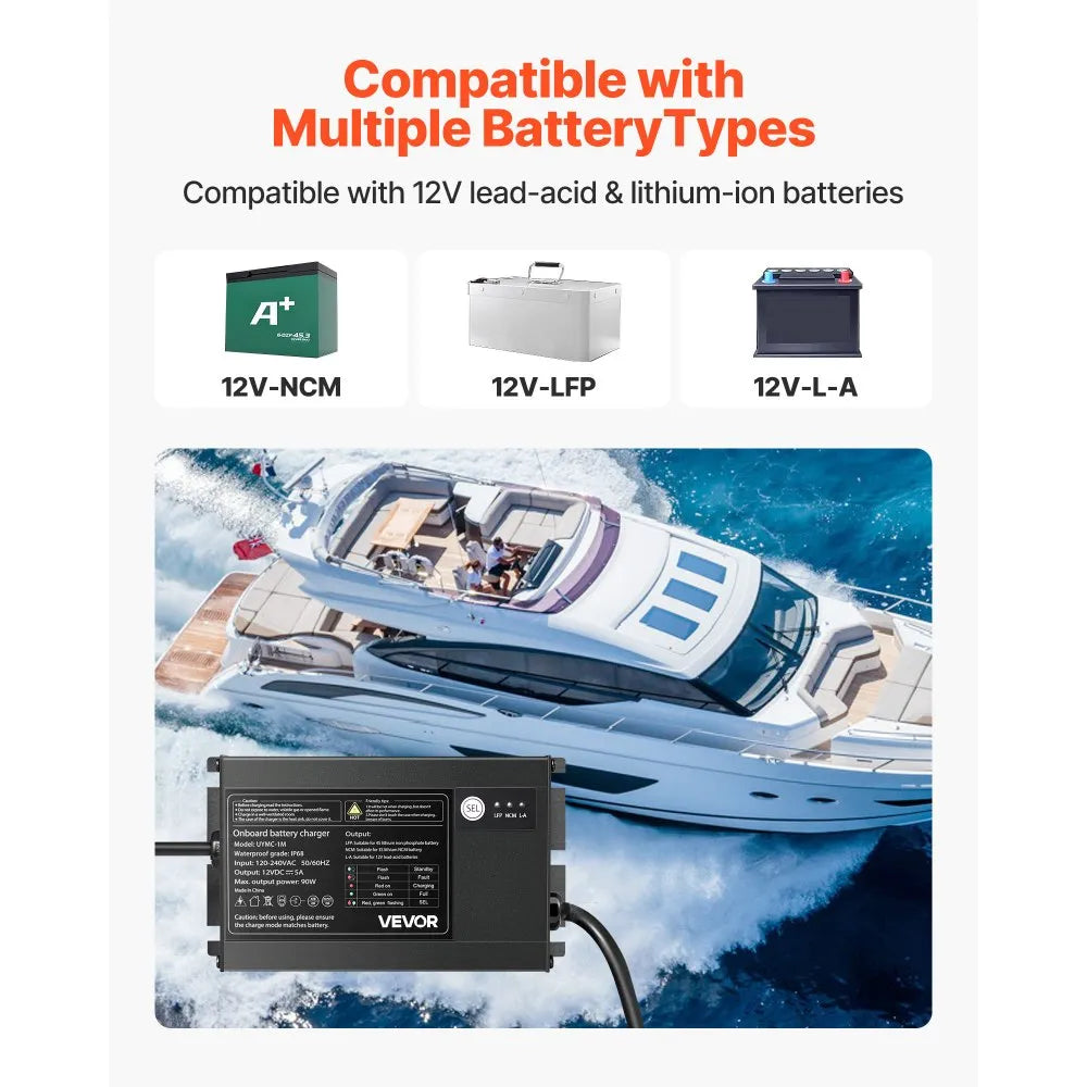 UYMC-1M 12V 5A Marine Battery Charger, 1-Bank IP68 Waterproof Smart Onboard Charger for LiFePO4, Lithium-Ion (NCM) & Lead-Acid Batteries | Boat, Yacht, RV & Trailer
