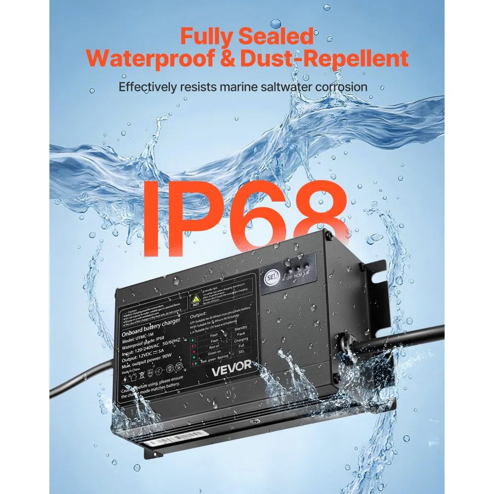 UYMC-1M 12V 5A Marine Battery Charger, 1-Bank IP68 Waterproof Smart Onboard Charger for LiFePO4, Lithium-Ion (NCM) & Lead-Acid Batteries | Boat, Yacht, RV & Trailer