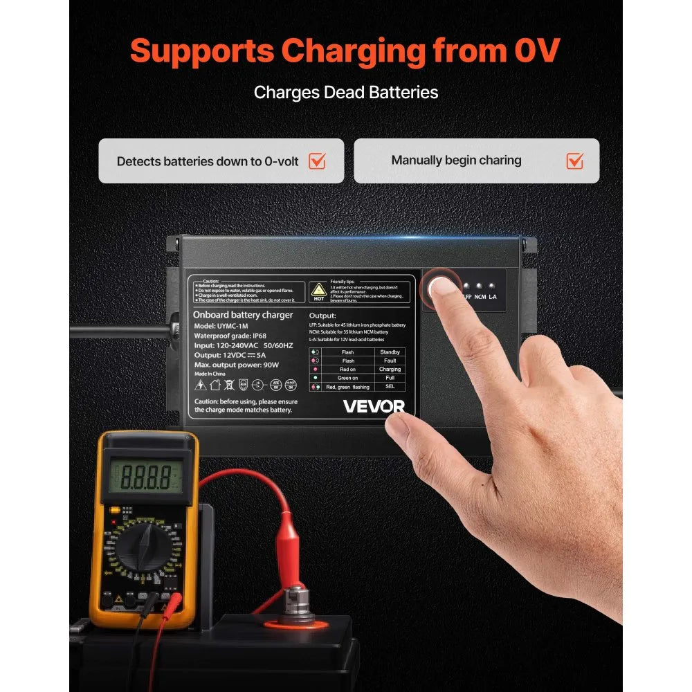 UYMC-1M 12V 5A Marine Battery Charger, 1-Bank IP68 Waterproof Smart Onboard Charger for LiFePO4, Lithium-Ion (NCM) & Lead-Acid Batteries | Boat, Yacht, RV & Trailer