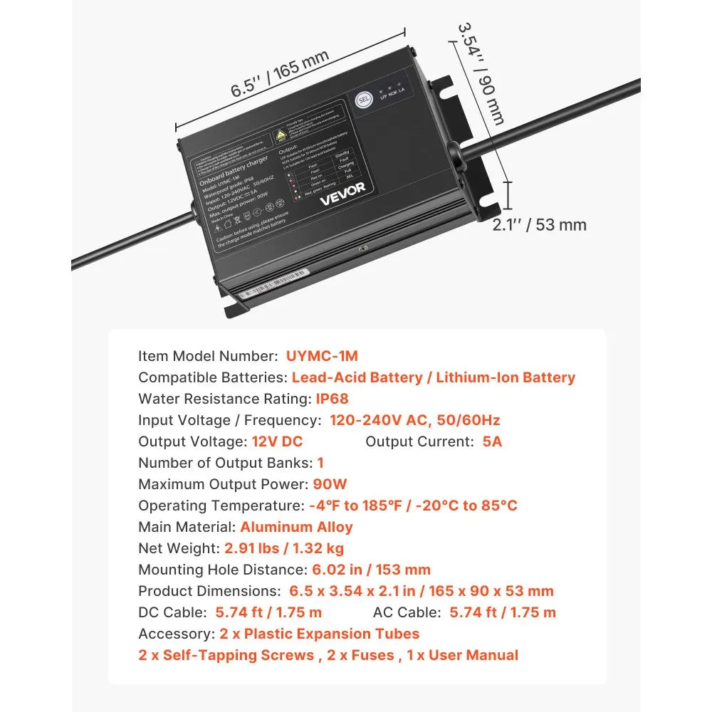 UYMC-1M 12V 5A Marine Battery Charger, 1-Bank IP68 Waterproof Smart Onboard Charger for LiFePO4, Lithium-Ion (NCM) & Lead-Acid Batteries | Boat, Yacht, RV & Trailer