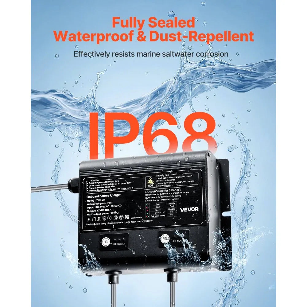 UYMC-2M 2-Bank 12V 5A Marine Battery Charger | IP68 Waterproof Smart Onboard Charger for LiFePO4, NCM & Lead-Acid Batteries, Boat, Yacht, RV & Trailer