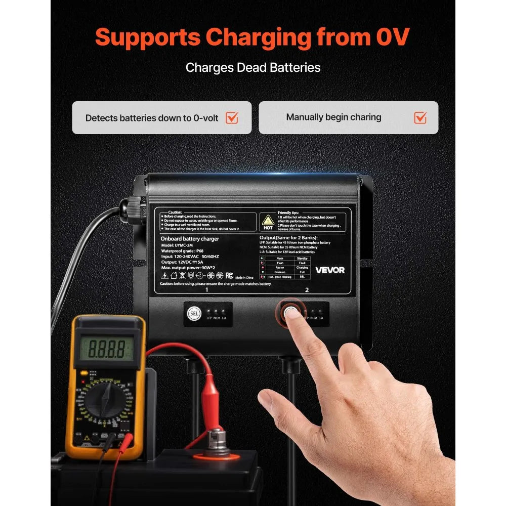 UYMC-2M 2-Bank 12V 5A Marine Battery Charger | IP68 Waterproof Smart Onboard Charger for LiFePO4, NCM & Lead-Acid Batteries, Boat, Yacht, RV & Trailer