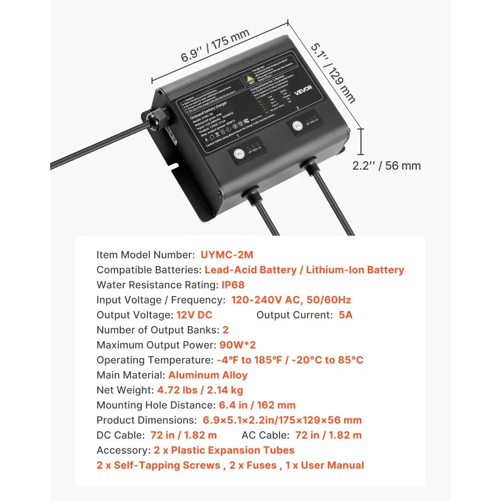 UYMC-2M 2-Bank 12V 5A Marine Battery Charger | IP68 Waterproof Smart Onboard Charger for LiFePO4, NCM & Lead-Acid Batteries, Boat, Yacht, RV & Trailer