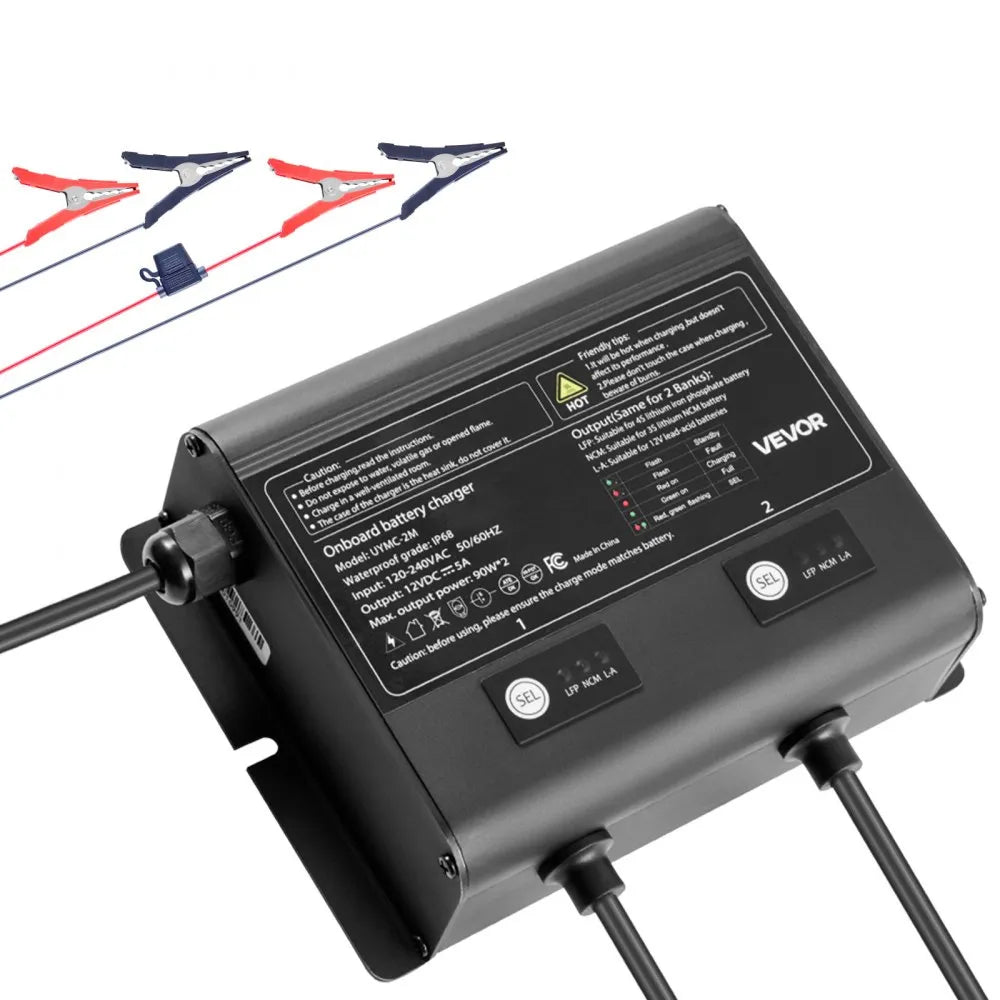 UYMC-2M 2-Bank 12V 5A Marine Battery Charger | IP68 Waterproof Smart Onboard Charger for LiFePO4, NCM & Lead-Acid Batteries, Boat, Yacht, RV & Trailer