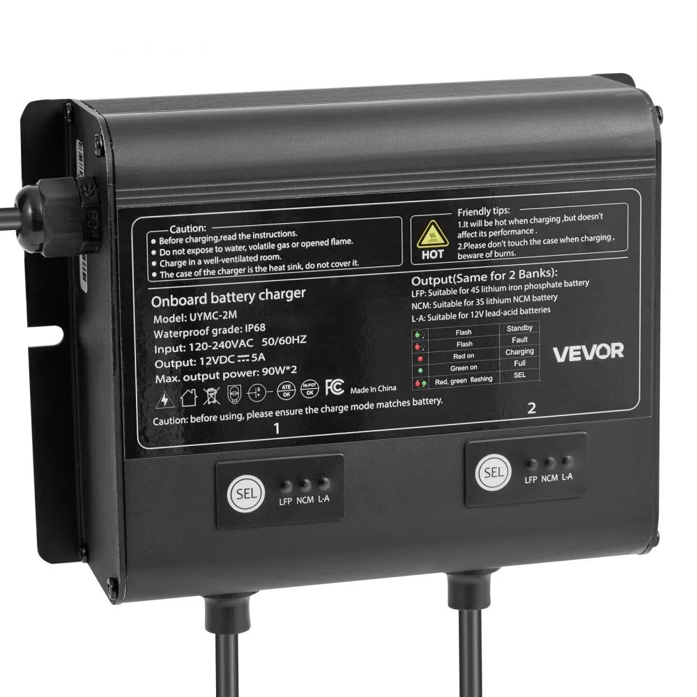 UYMC-2M 2-Bank 12V 5A Marine Battery Charger | IP68 Waterproof Smart Onboard Charger for LiFePO4, NCM & Lead-Acid Batteries, Boat, Yacht, RV & Trailer