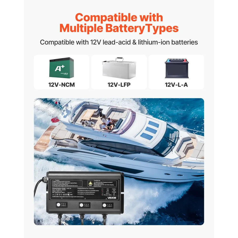 UYMC-3M 3-Bank 12V 5A Marine Battery Charger | IP68 Waterproof Smart Onboard Charger for LiFePO4, Lithium-Ion (NCM) & Lead-Acid Batteries – Boat, Yacht, RV & Trailer