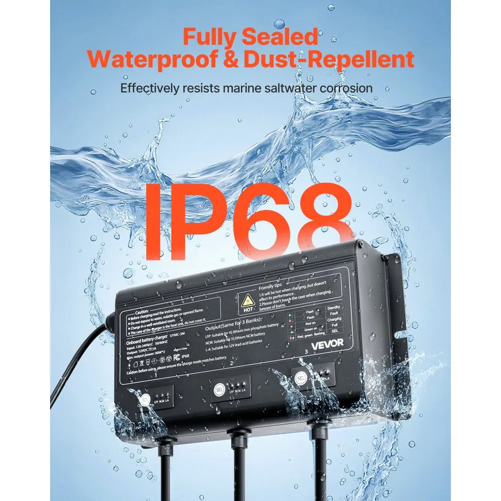 UYMC-3M 3-Bank 12V 5A Marine Battery Charger | IP68 Waterproof Smart Onboard Charger for LiFePO4, Lithium-Ion (NCM) & Lead-Acid Batteries – Boat, Yacht, RV & Trailer