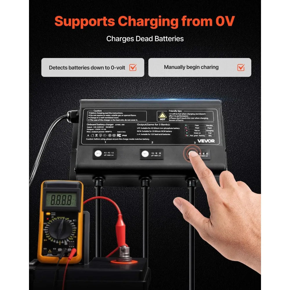 UYMC-3M 3-Bank 12V 5A Marine Battery Charger | IP68 Waterproof Smart Onboard Charger for LiFePO4, Lithium-Ion (NCM) & Lead-Acid Batteries – Boat, Yacht, RV & Trailer