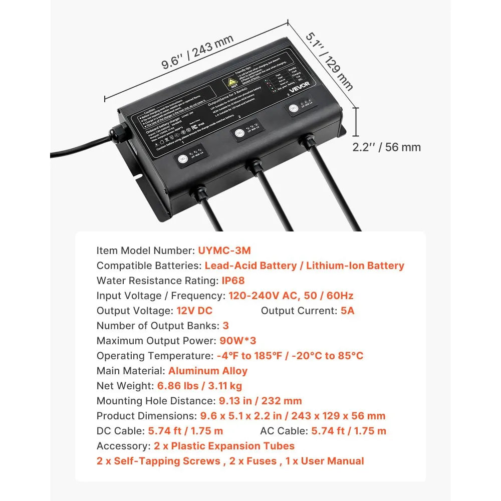UYMC-3M 3-Bank 12V 5A Marine Battery Charger | IP68 Waterproof Smart Onboard Charger for LiFePO4, Lithium-Ion (NCM) & Lead-Acid Batteries – Boat, Yacht, RV & Trailer