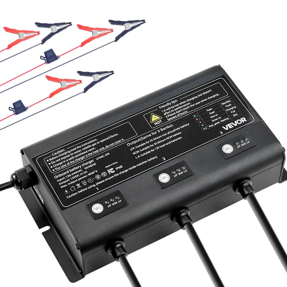 UYMC-3M 3-Bank 12V 5A Marine Battery Charger | IP68 Waterproof Smart Onboard Charger for LiFePO4, Lithium-Ion (NCM) & Lead-Acid Batteries – Boat, Yacht, RV & Trailer