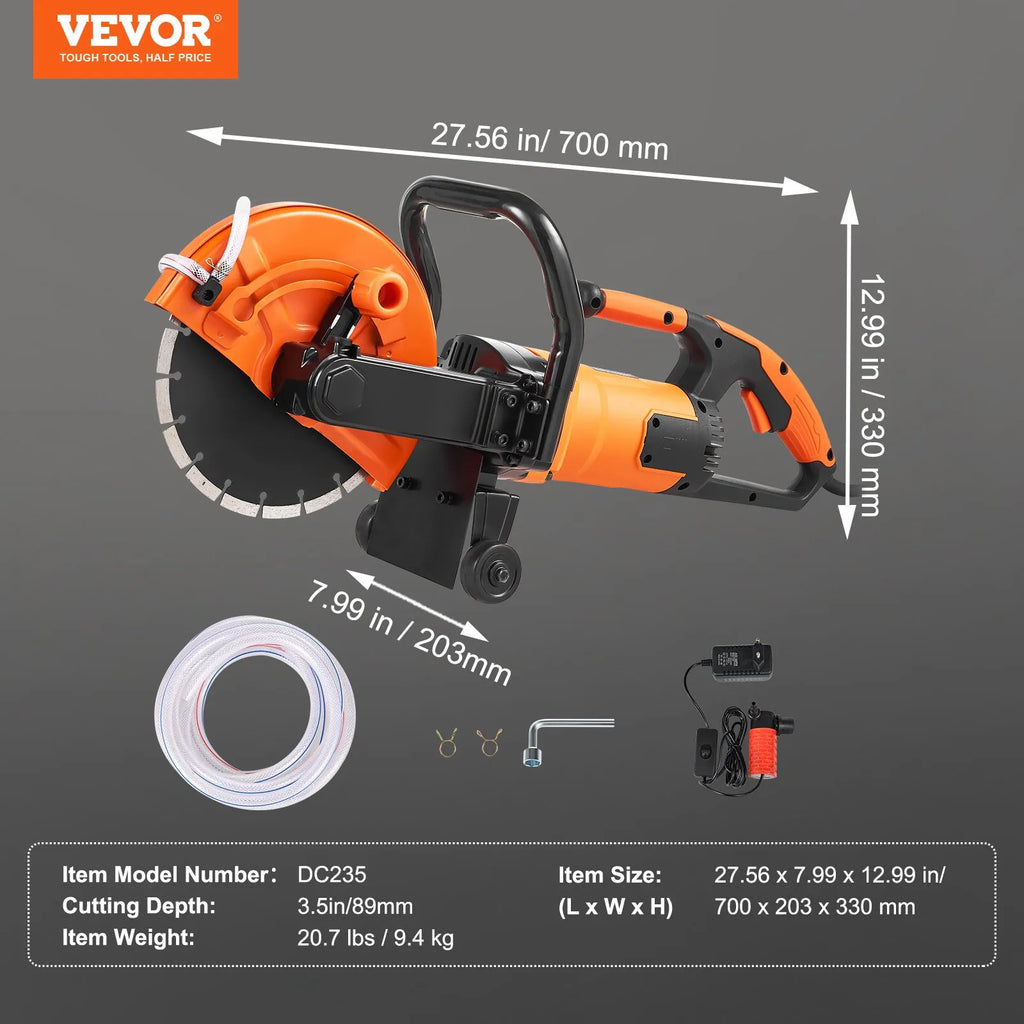 DC235 9" Electric Concrete Saw 1800W Wet/Dry Circular Concrete Cutter with 3.5" Cutting Depth