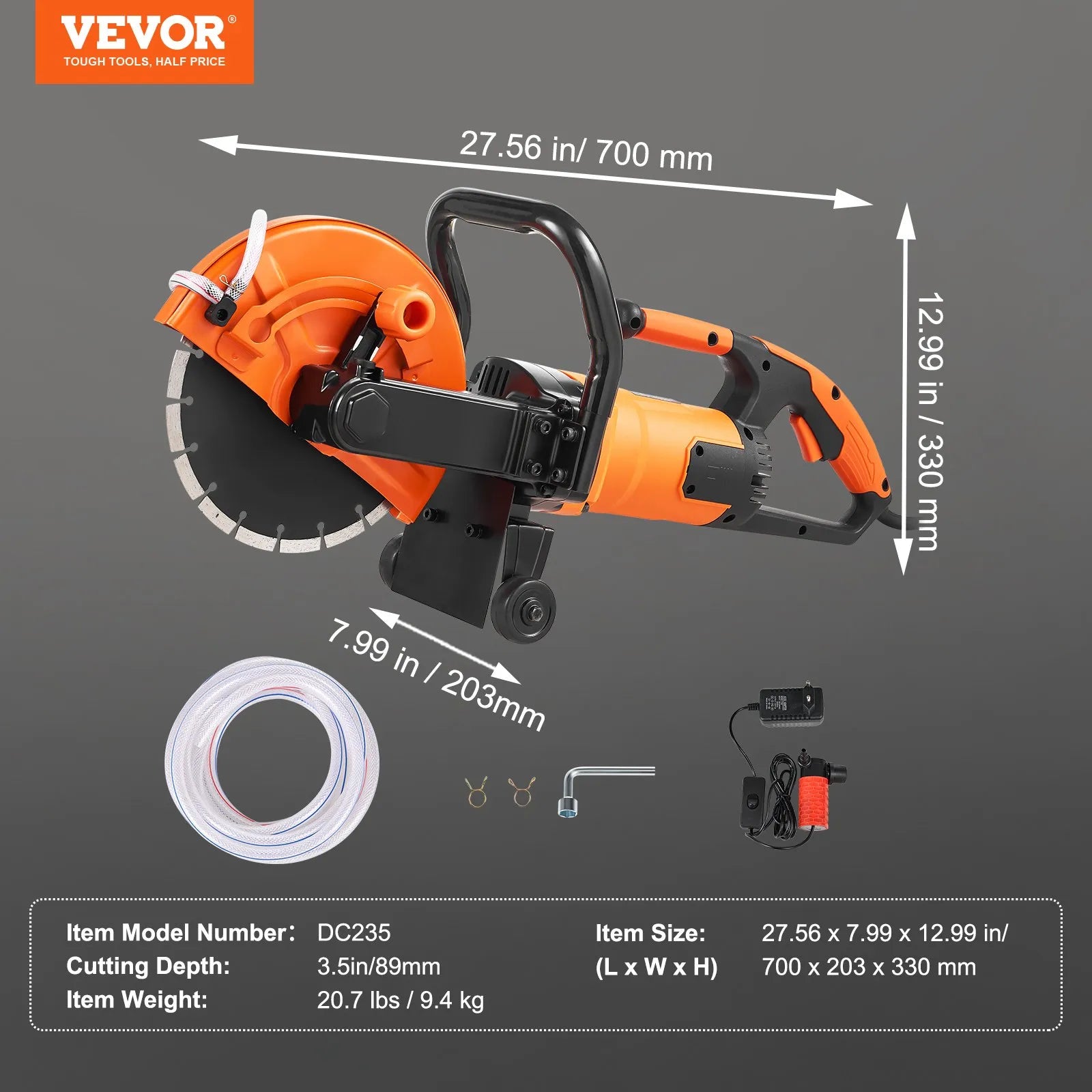 DC235 9" Electric Concrete Saw 1800W Wet/Dry Circular Concrete Cutter with 3.5" Cutting Depth