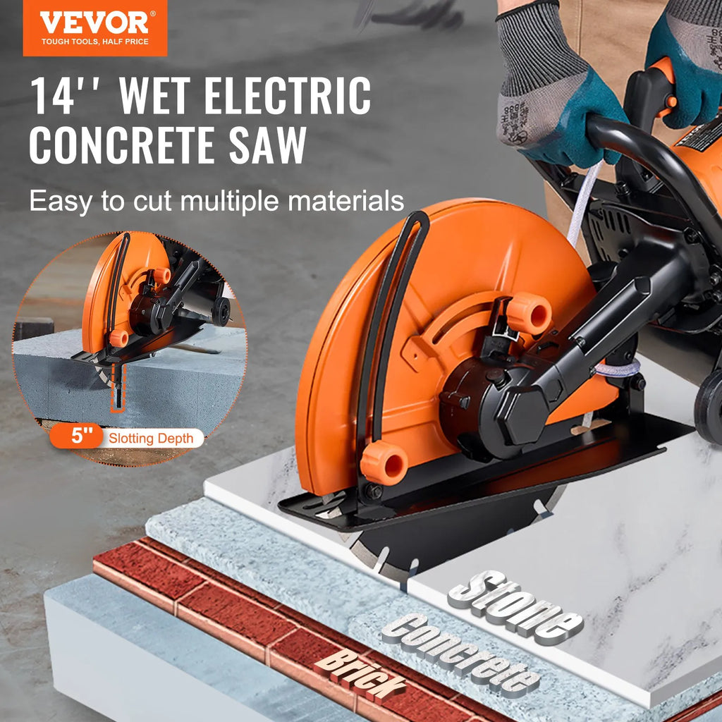 DC355 14-Inch Electric Concrete Saw, 2600W Wet Cut Circular Concrete Cutter with 5-Inch Cutting Depth, Water Line, Pump & Diamond Blade for Concrete, Stone & Brick