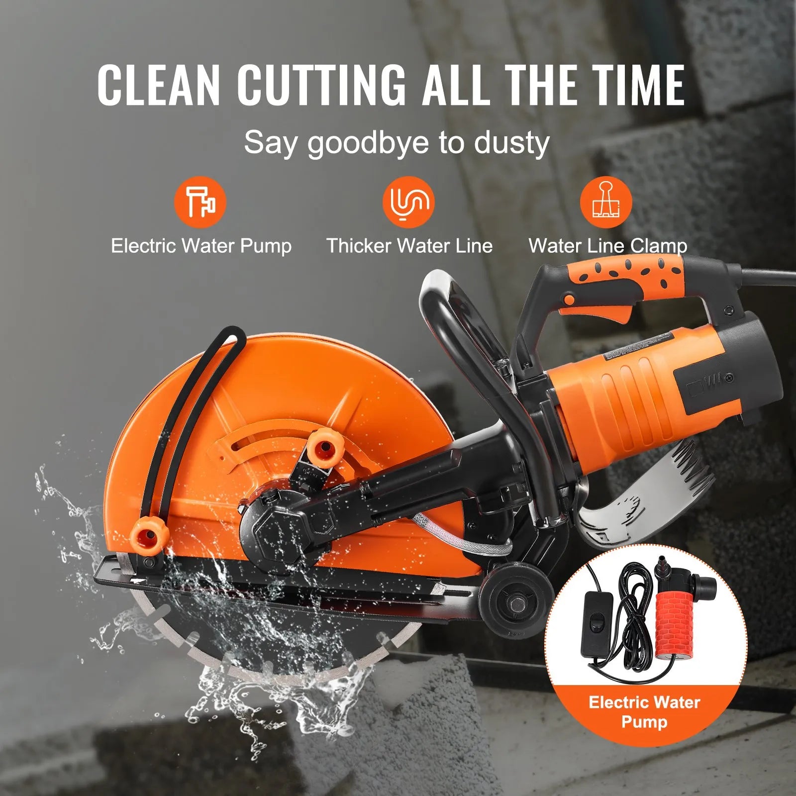 DC355 14-Inch Electric Concrete Saw, 2600W Wet Cut Circular Concrete Cutter with 5-Inch Cutting Depth, Water Line, Pump & Diamond Blade for Concrete, Stone & Brick