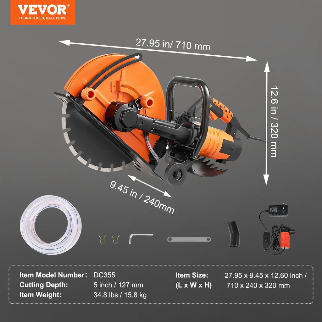 DC355 14-Inch Electric Concrete Saw, 2600W Wet Cut Circular Concrete Cutter with 5-Inch Cutting Depth, Water Line, Pump & Diamond Blade for Concrete, Stone & Brick