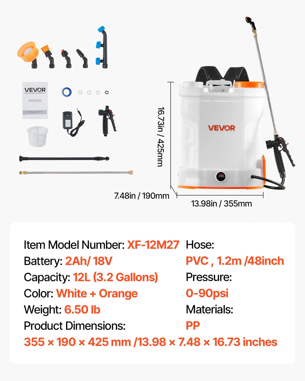 XF-12M27-US 18V Battery Powered Backpack Sprayer, 3.2 Gal (12L), 0-90 PSI Adjustable, 2-Hour Runtime, 5 Nozzles