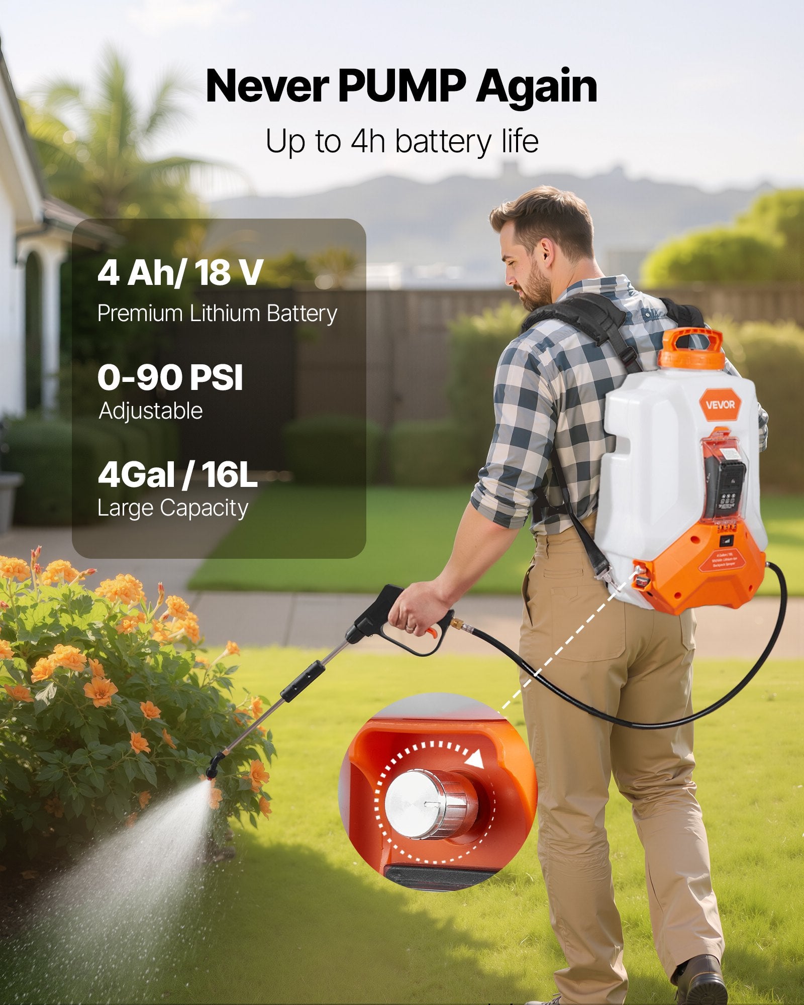 XF-16M15A-US 4 Gallon Battery-Powered Backpack Sprayer, 90 PSI Adjustable, 8 Nozzles