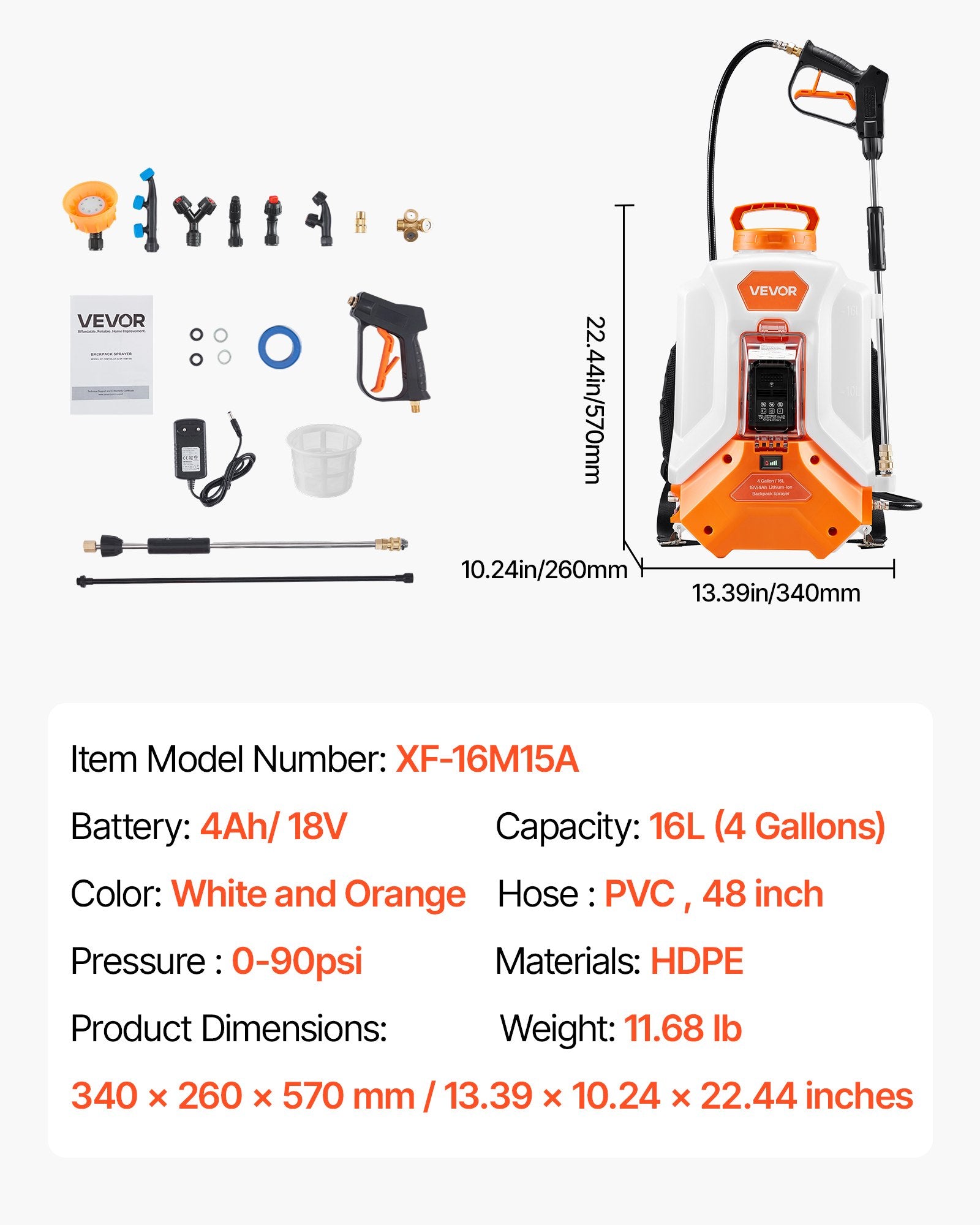 XF-16M15A-US 4 Gallon Battery-Powered Backpack Sprayer, 90 PSI Adjustable, 8 Nozzles