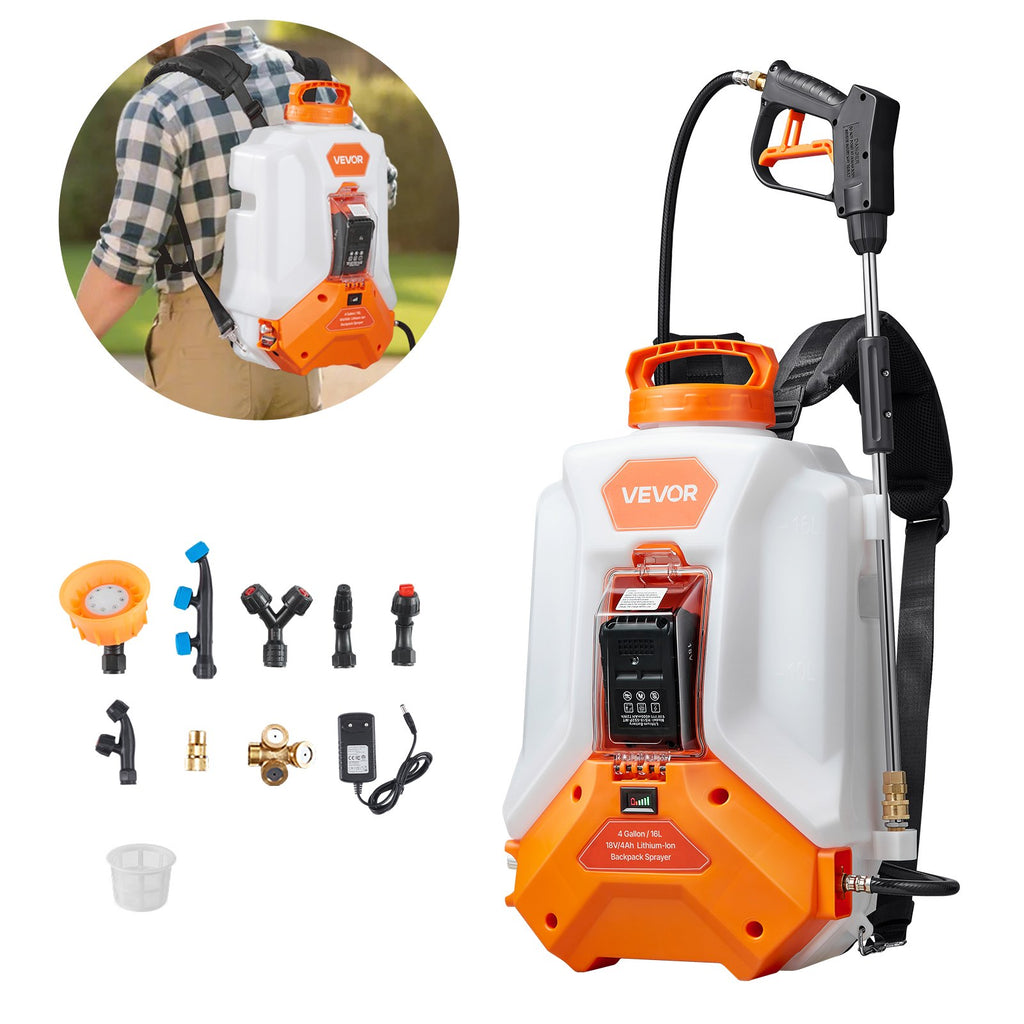 XF-16M15A-US 4 Gallon Battery-Powered Backpack Sprayer, 90 PSI Adjustable, 8 Nozzles