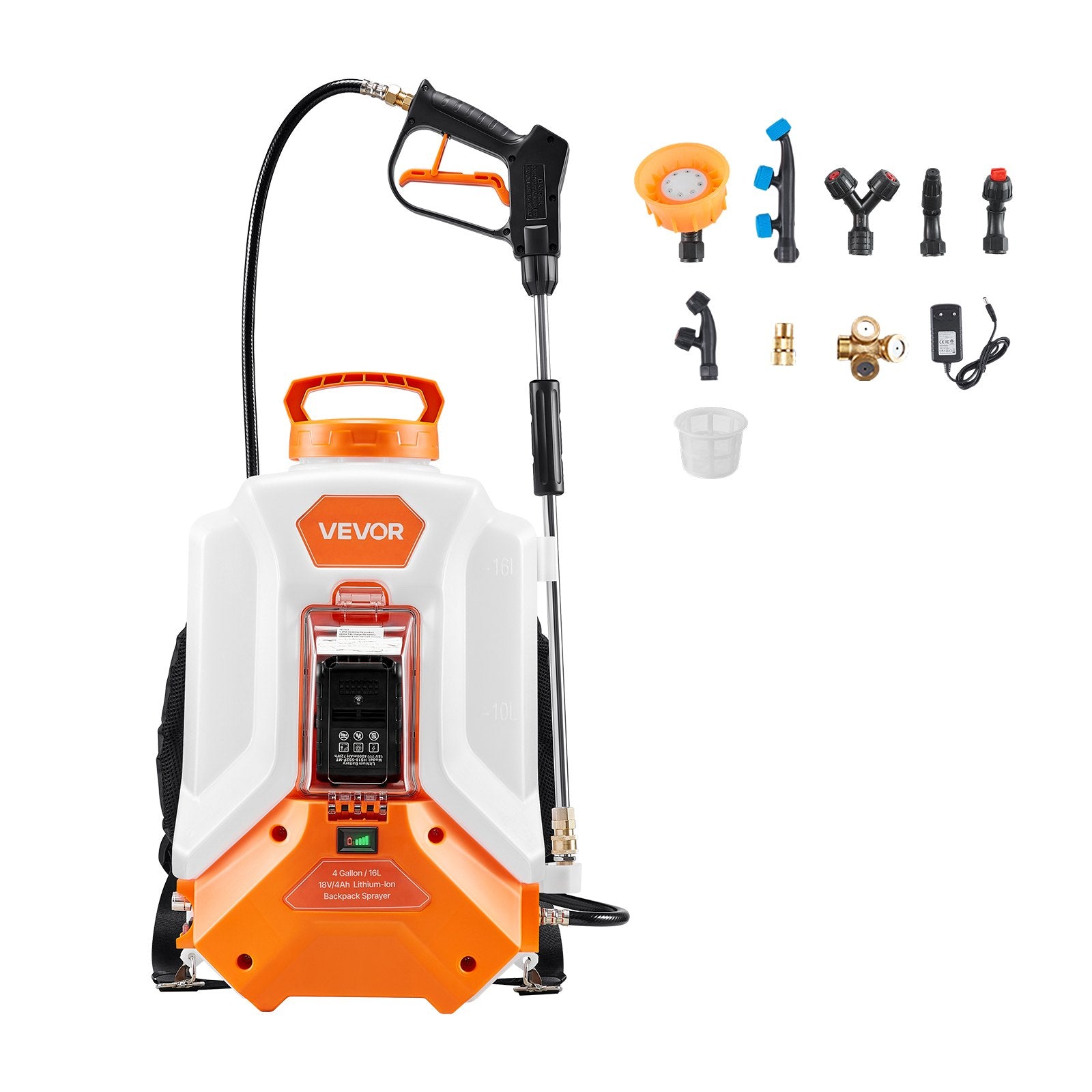 XF-16M15A-US 4 Gallon Battery-Powered Backpack Sprayer, 90 PSI Adjustable, 8 Nozzles