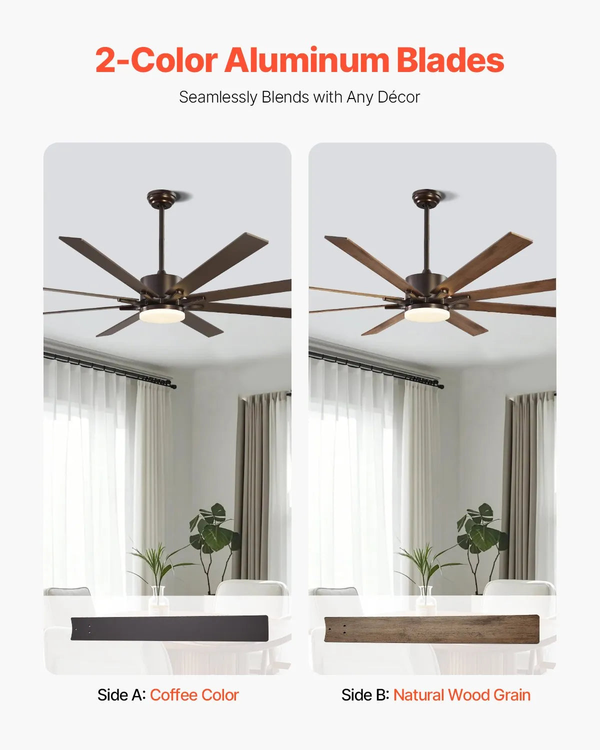 FR25050L-72"ORB 72" Ceiling Fan with LED Light, 6-Speed Remote Control, Reversible DC Motor, 3-Color Dimmable Light, Modern Indoor/Outdoor Ceiling Fan, Coffee