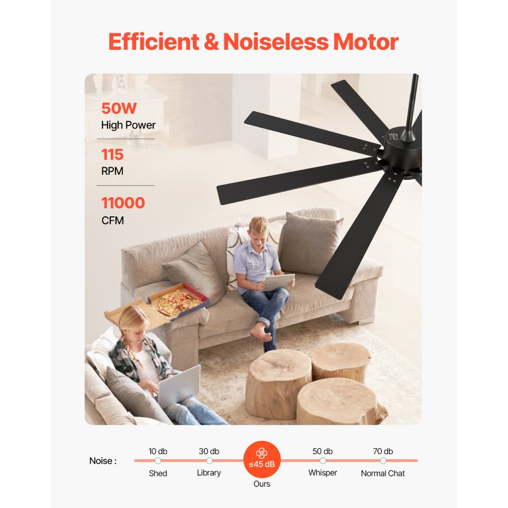 FR25050L-72"MBK 72-Inch Ceiling Fan with LED Light, 6-Speed Remote Control, Reversible DC Motor, 3-Color Dimmable Lighting, Indoor & Outdoor, Black