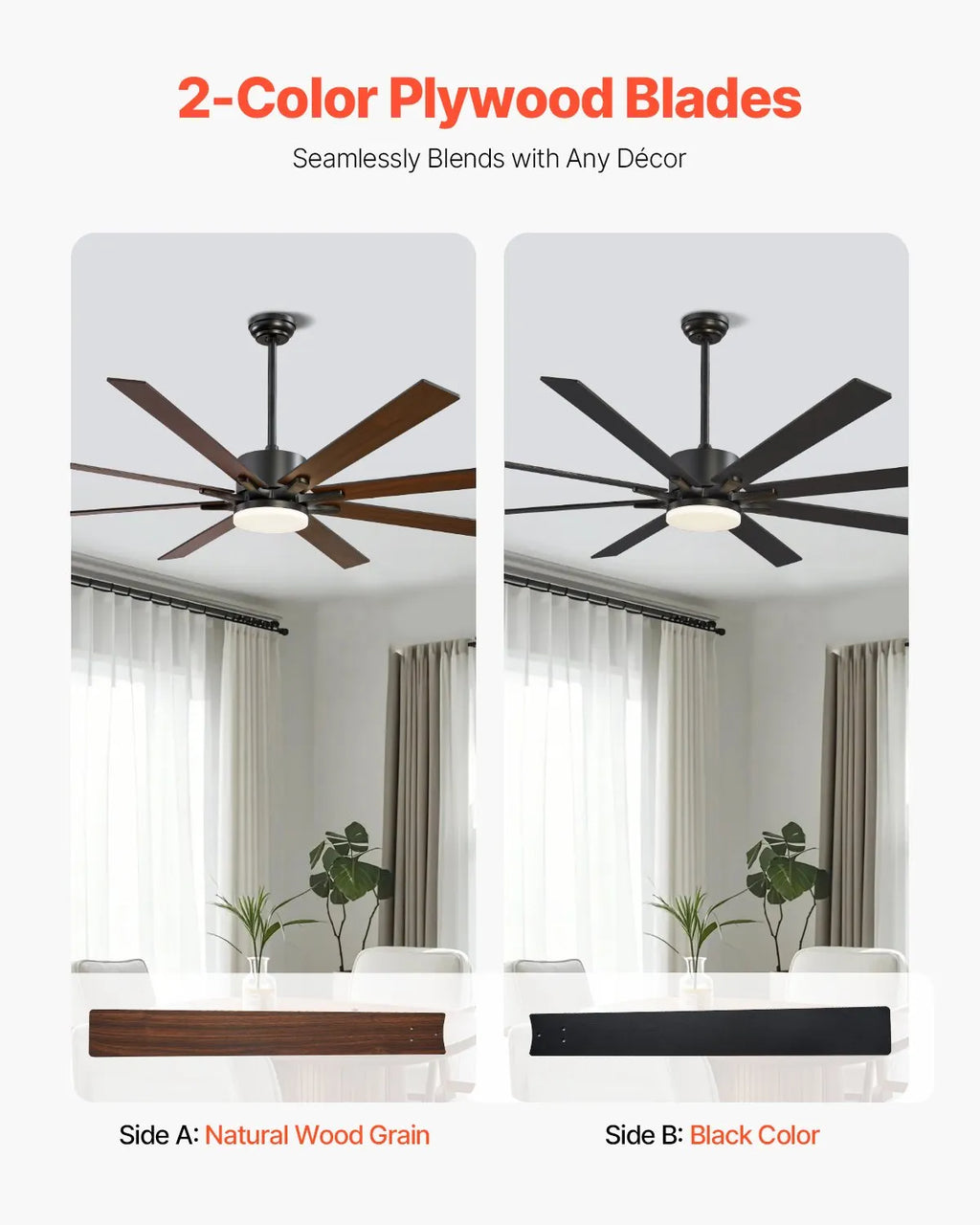 FR25050L-72"MBK 72-Inch Ceiling Fan with LED Light, 6-Speed Remote Control, Reversible DC Motor, 3-Color Dimmable Lighting, Indoor & Outdoor, Black