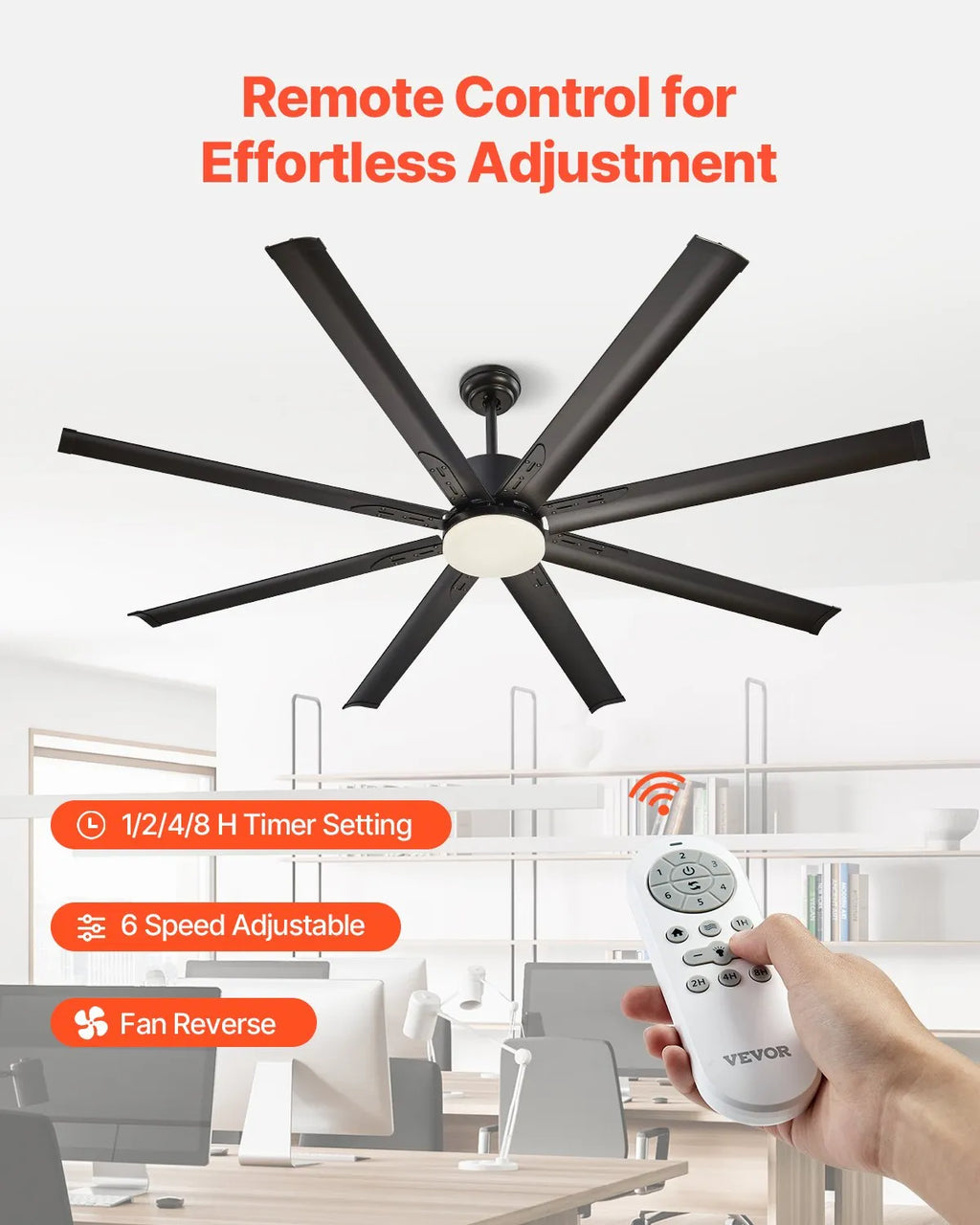 FR25049L-72"MBK 72" Modern Ceiling Fan with LED Light, 6-Speed Remote Control, Reversible DC Motor, 8 Aluminum Blades, Black