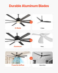 FR25049L-84"MBK 84" Modern Ceiling Fan with LED Light, 8 Aluminum Blades, 6-Speed Remote, Reversible DC Motor, 12,000 CFM, Black