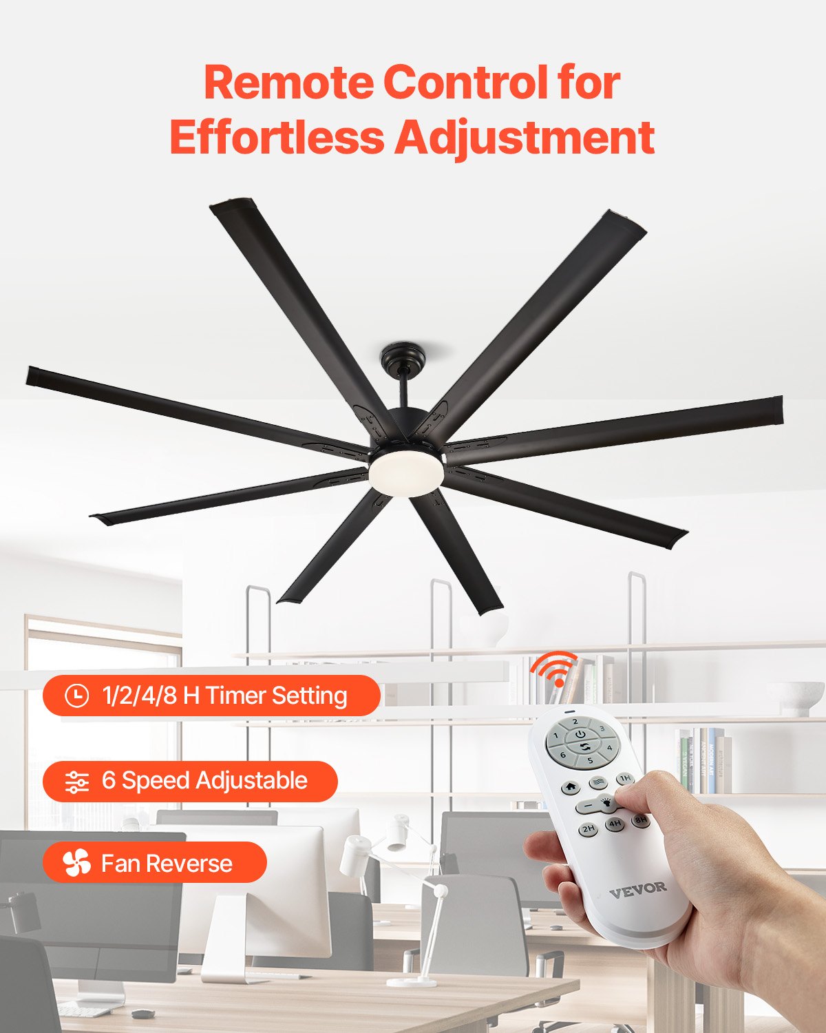 FR25049L-84"MBK 84" Modern Ceiling Fan with LED Light, 8 Aluminum Blades, 6-Speed Remote, Reversible DC Motor, 12,000 CFM, Black