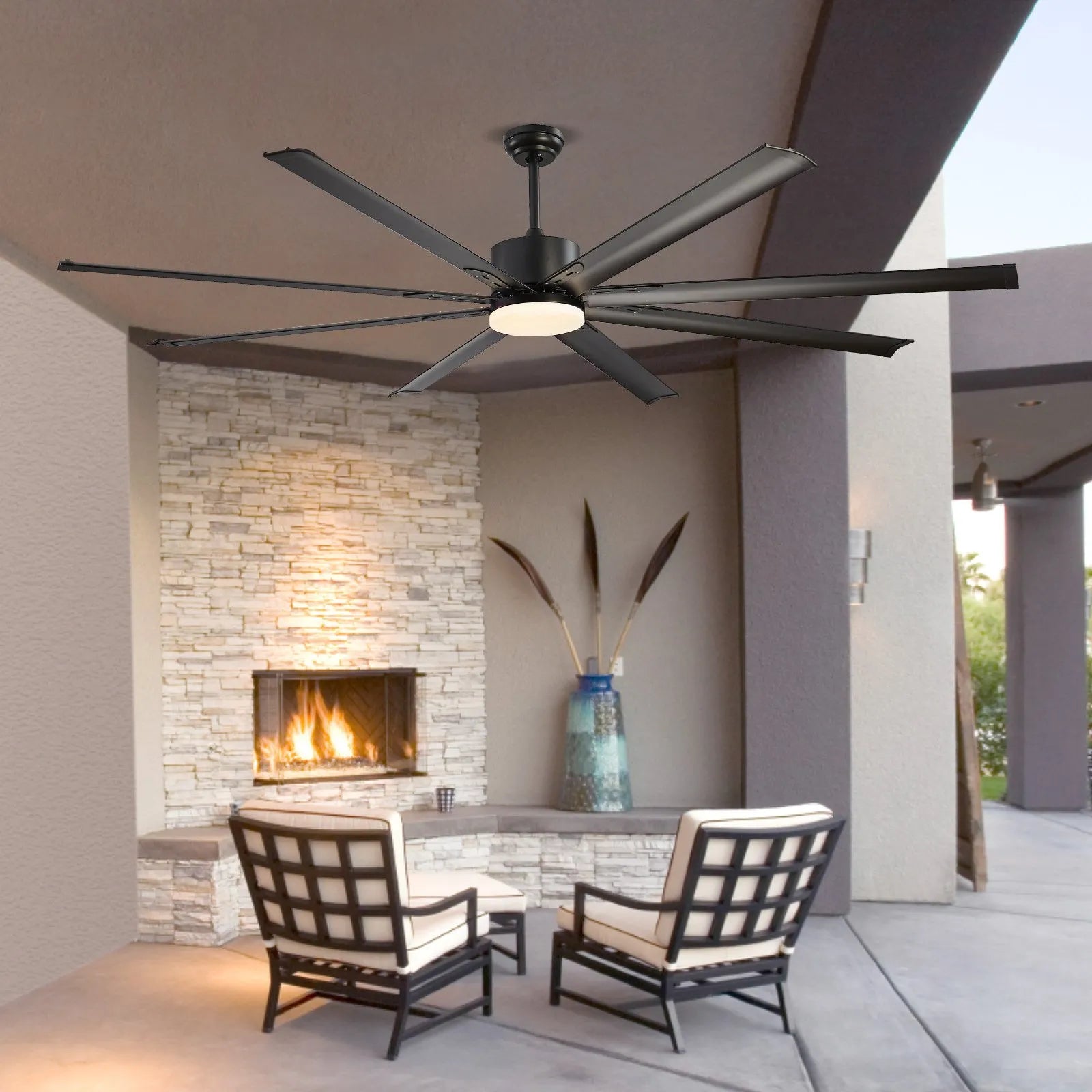 FR25049L-84"MBK 84" Modern Ceiling Fan with LED Light, 8 Aluminum Blades, 6-Speed Remote, Reversible DC Motor, 12,000 CFM, Black