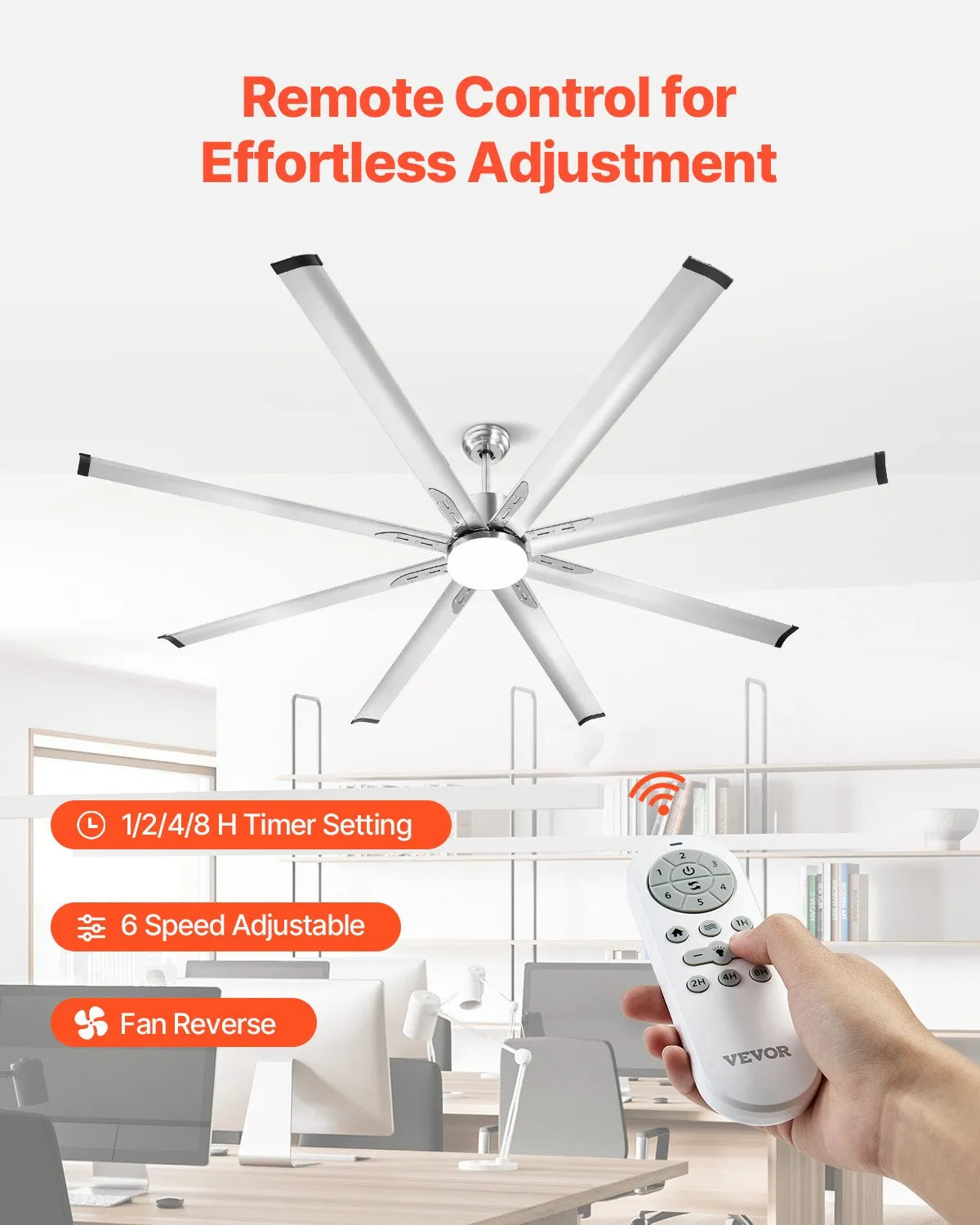 FR25049L-84"BN 84" Ceiling Fan with LED Light, 8 Aluminum Blades, 6-Speed DC Motor, Remote Control, Reversible, Brushed Nickel