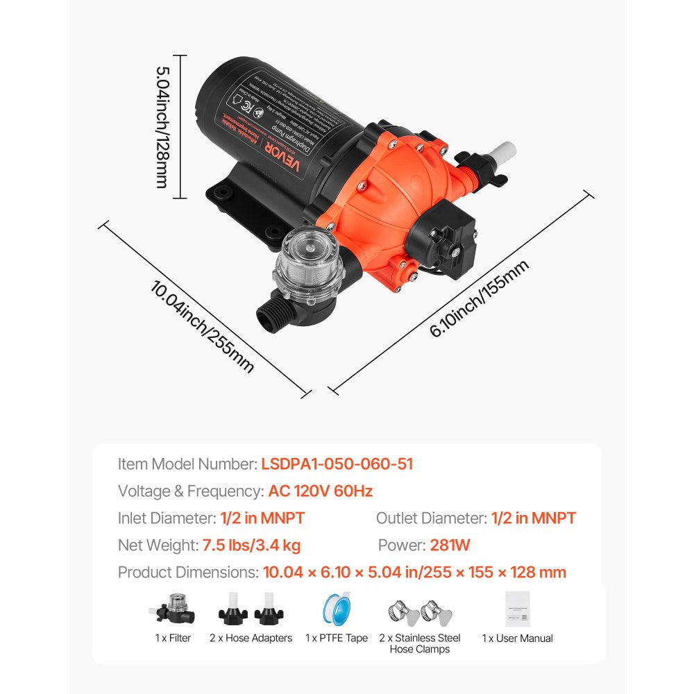 LSDPA1-050-060-51 110V AC 5 GPM Diaphragm Water Pressure Pump – 60 PSI Automatic On-Demand Electric Transfer Pump for Home, Garden, RV, Irrigation & Car Washing