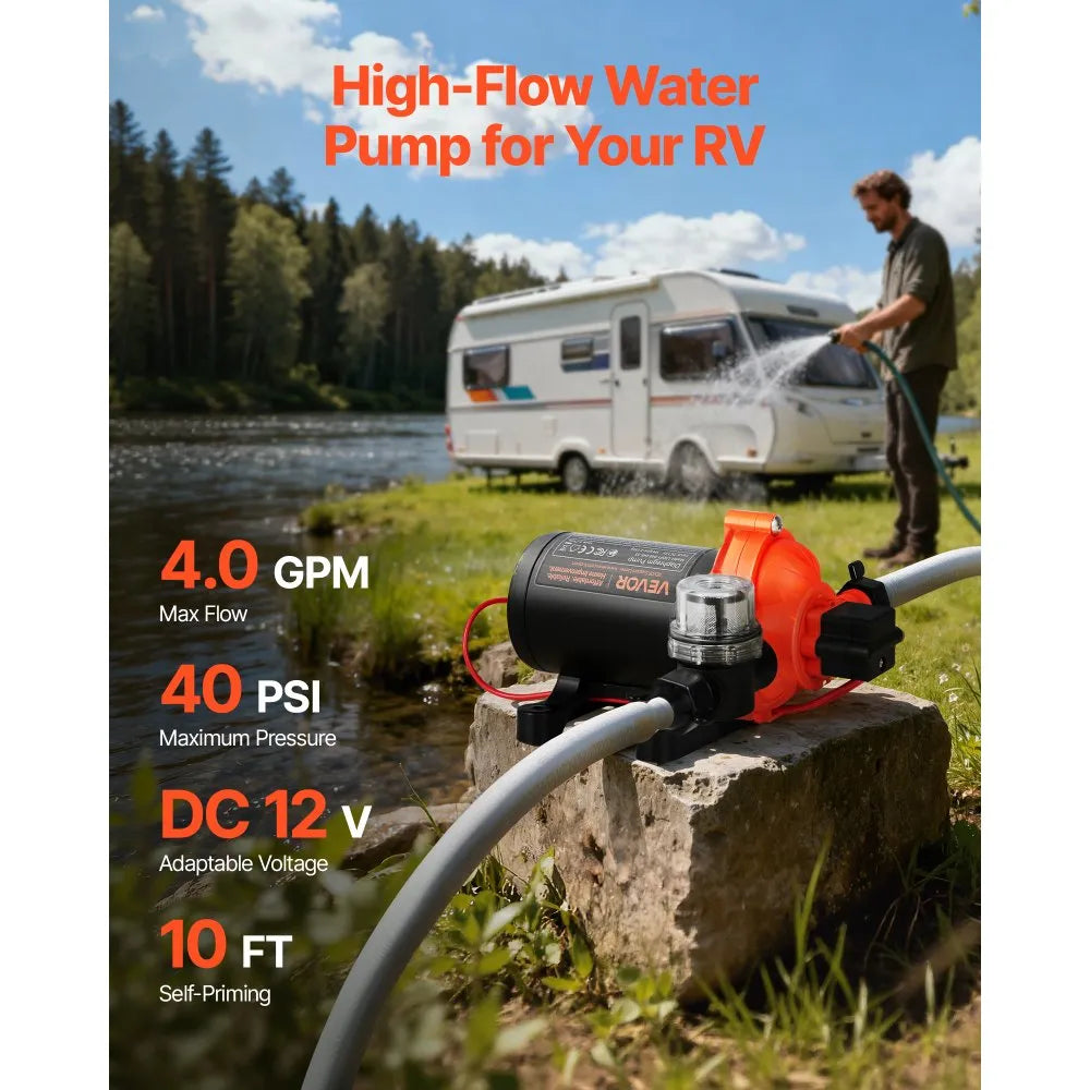 LSDP1-040-045-33 12V DC 4 GPM 3-Chamber Self-Priming Diaphragm Water Pump with Automatic Pressure Switch, 40 PSI for RV, Marine & Garden Irrigation