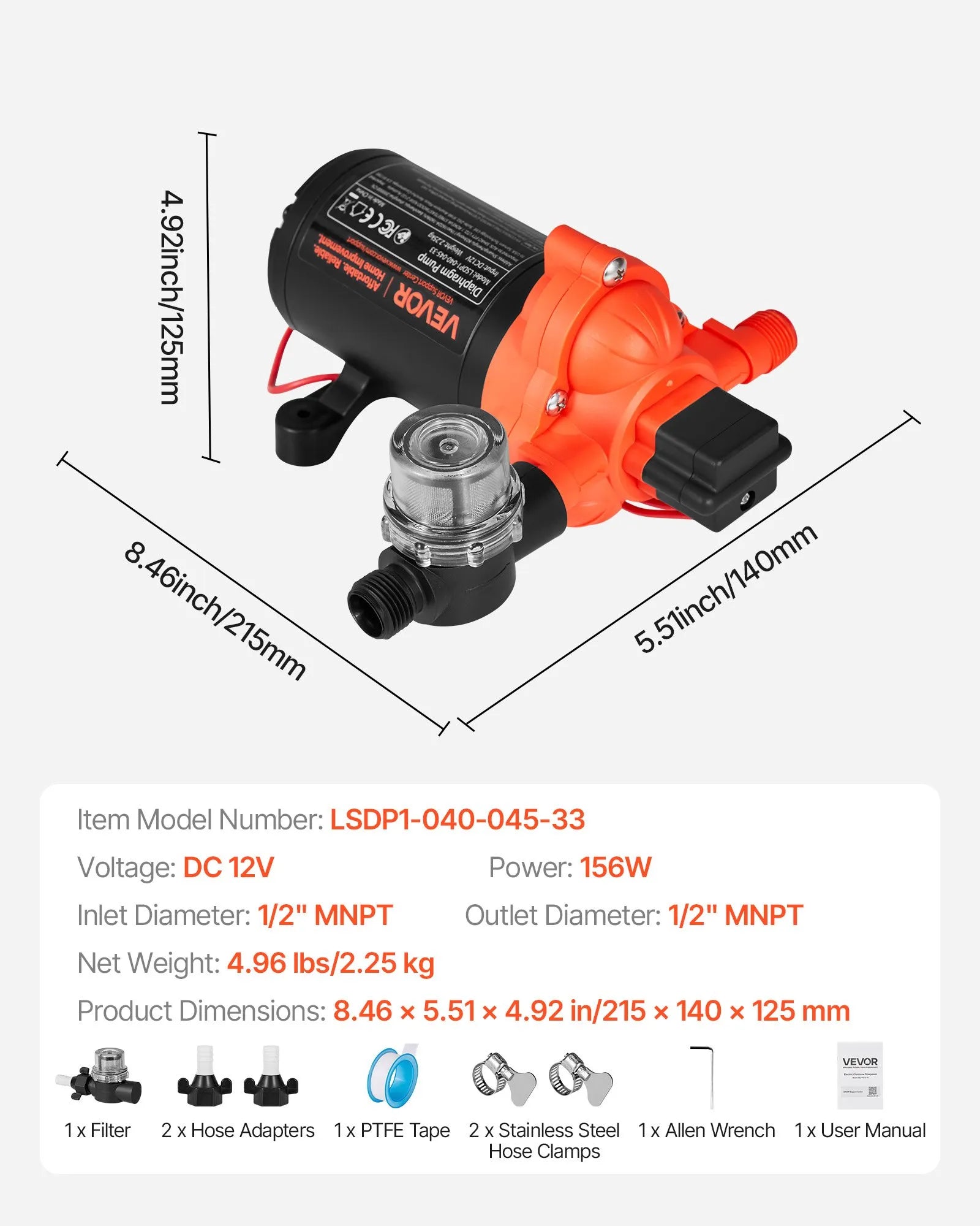 LSDP1-040-045-33 12V DC 4 GPM 3-Chamber Self-Priming Diaphragm Water Pump with Automatic Pressure Switch, 40 PSI for RV, Marine & Garden Irrigation