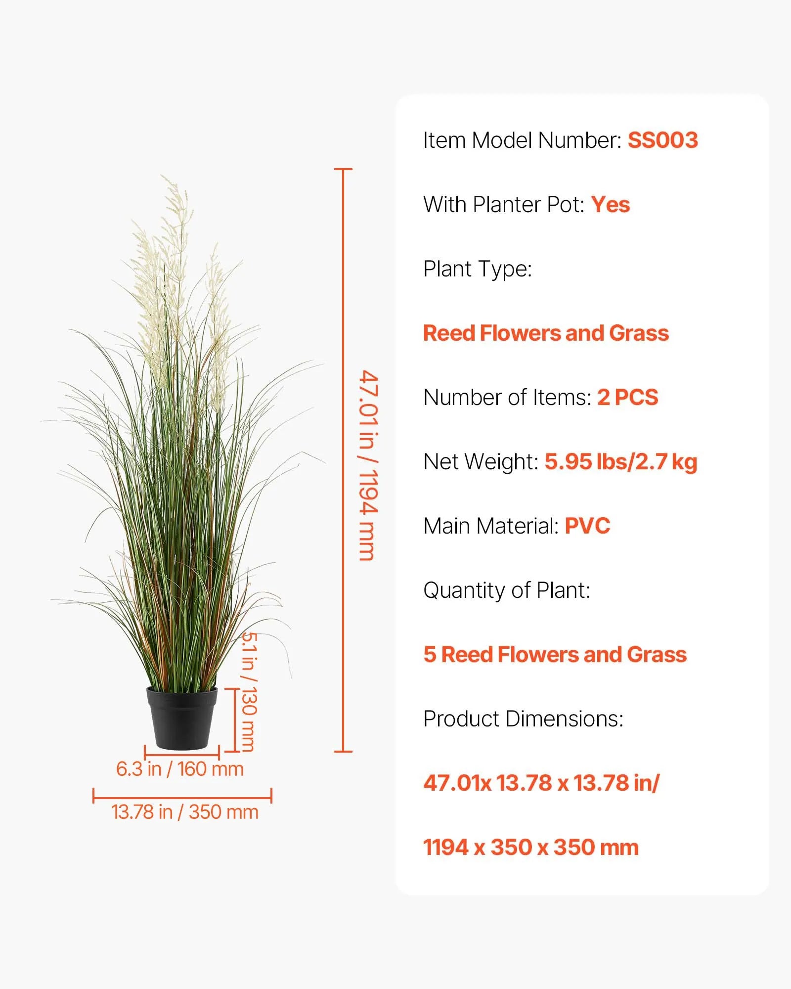 SS003 Artificial Grass Plant 2-Pack, 47" Reed Flower Grass in Pot, Premium PVC Faux Greenery for Indoor & Outdoor Home, Garden & Office Décor