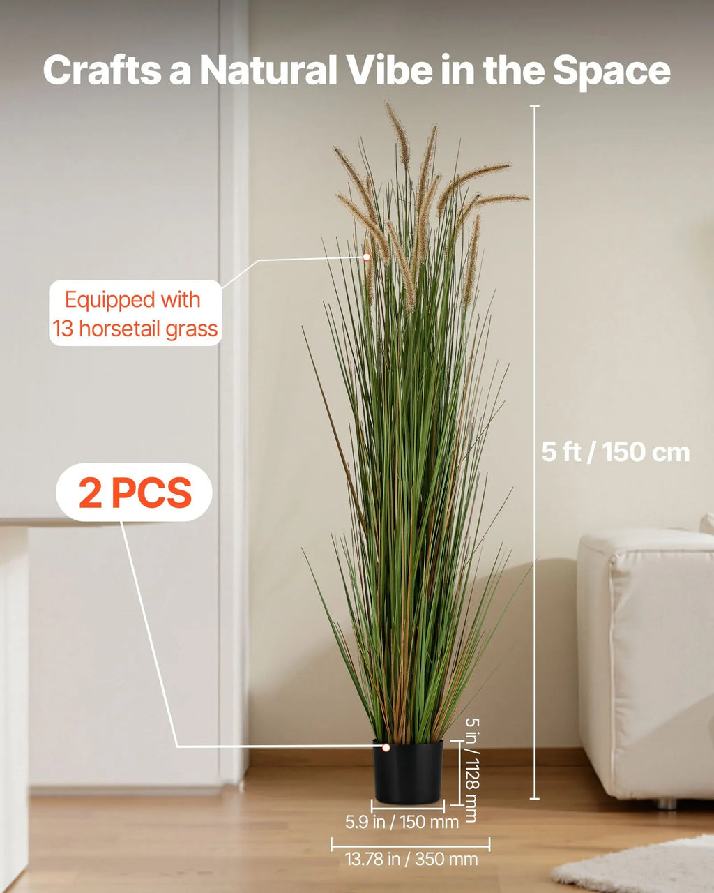 SS005 Artificial Grass Plant 2-Pack 59" Horsetail Reed Grass in Pot – Premium PVC Faux Indoor & Outdoor Decorative Greenery