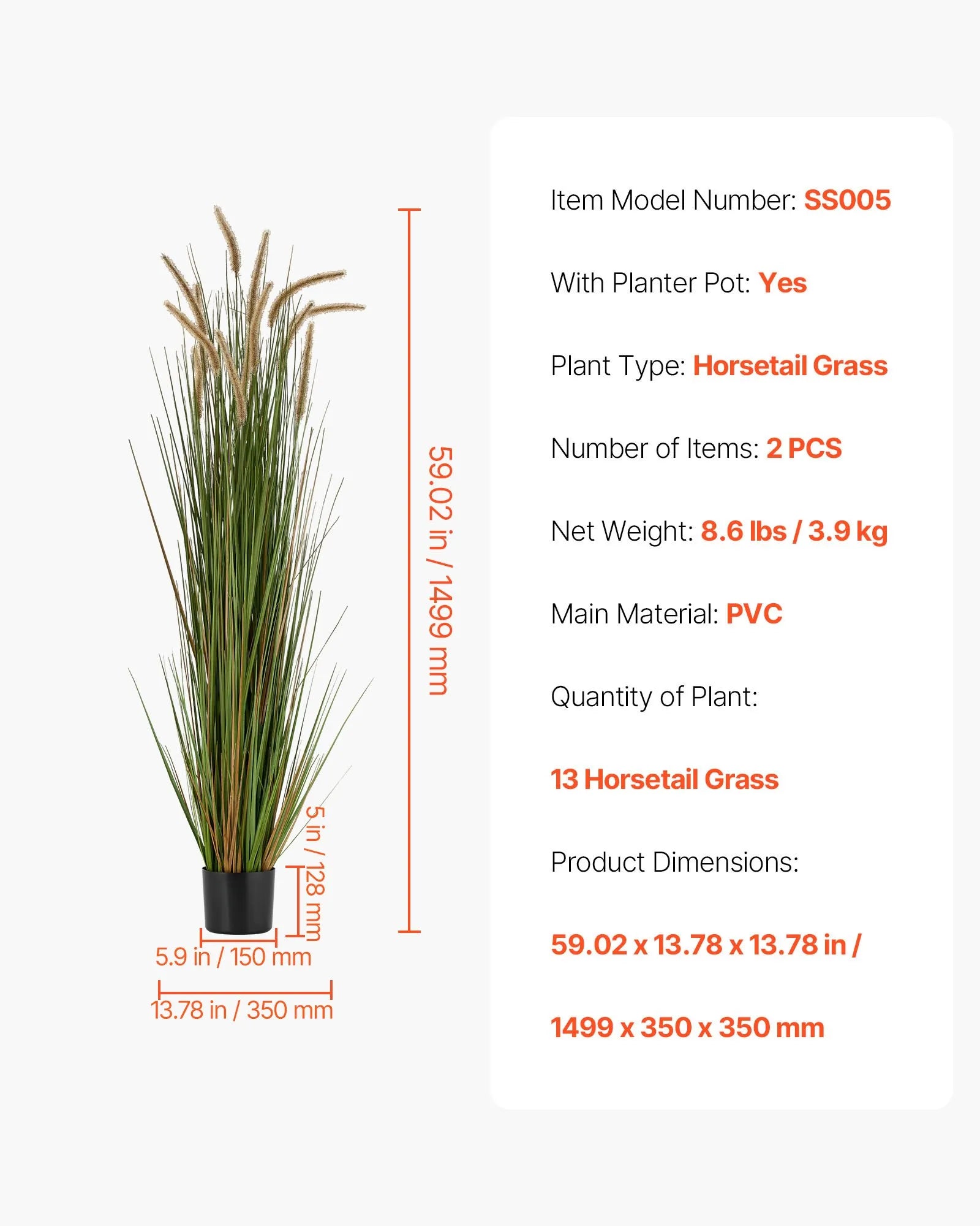 SS005 Artificial Grass Plant 2-Pack 59" Horsetail Reed Grass in Pot – Premium PVC Faux Indoor & Outdoor Decorative Greenery