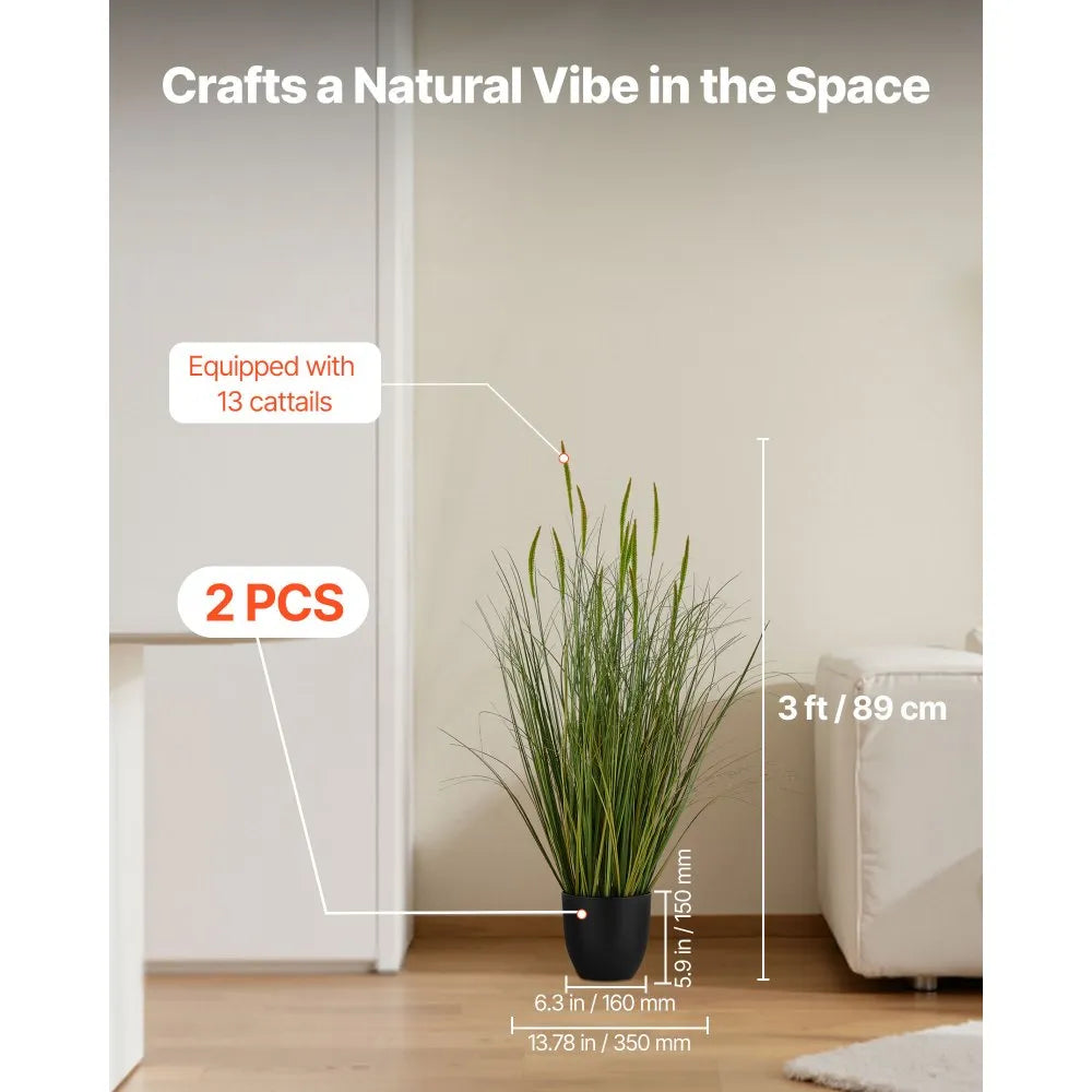 SS006 Artificial Cattail Grass Plant Set – 35" PVC Faux Greenery in Pots (2-Pack)