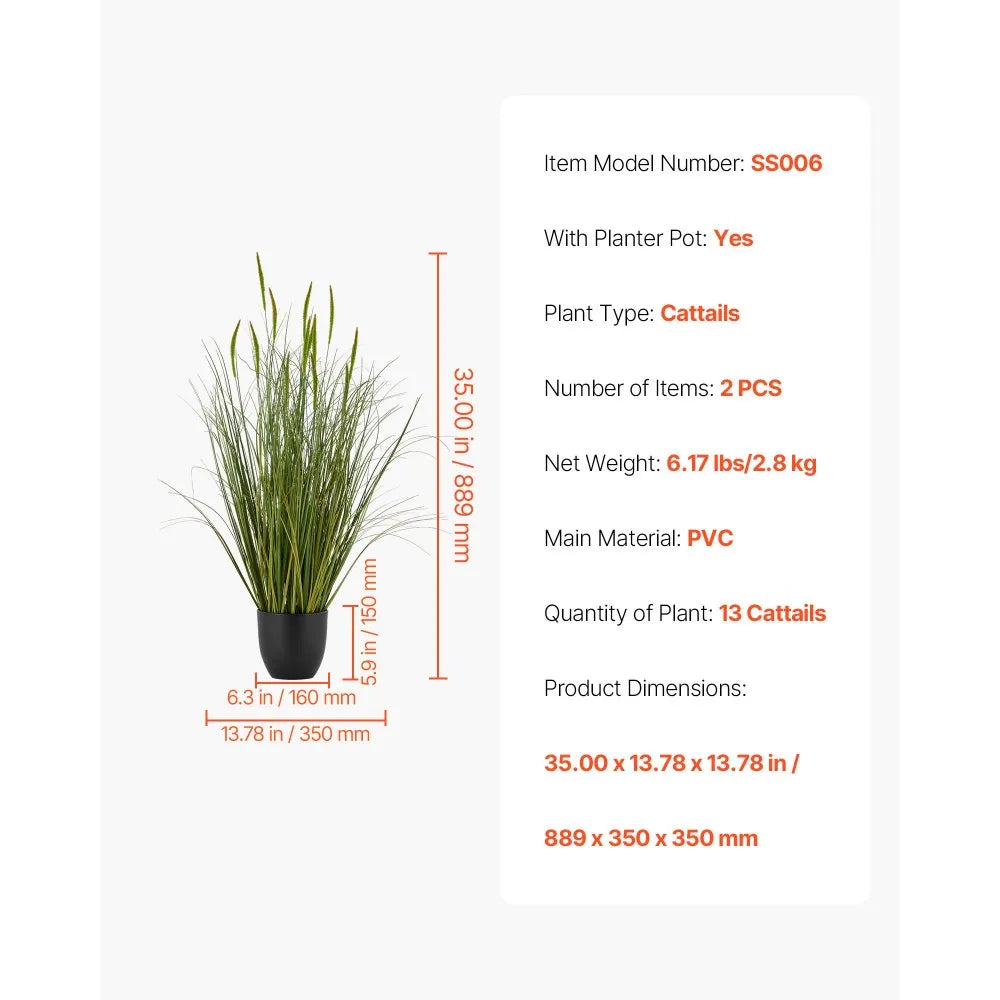 SS006 Artificial Cattail Grass Plant Set – 35" PVC Faux Greenery in Pots (2-Pack)