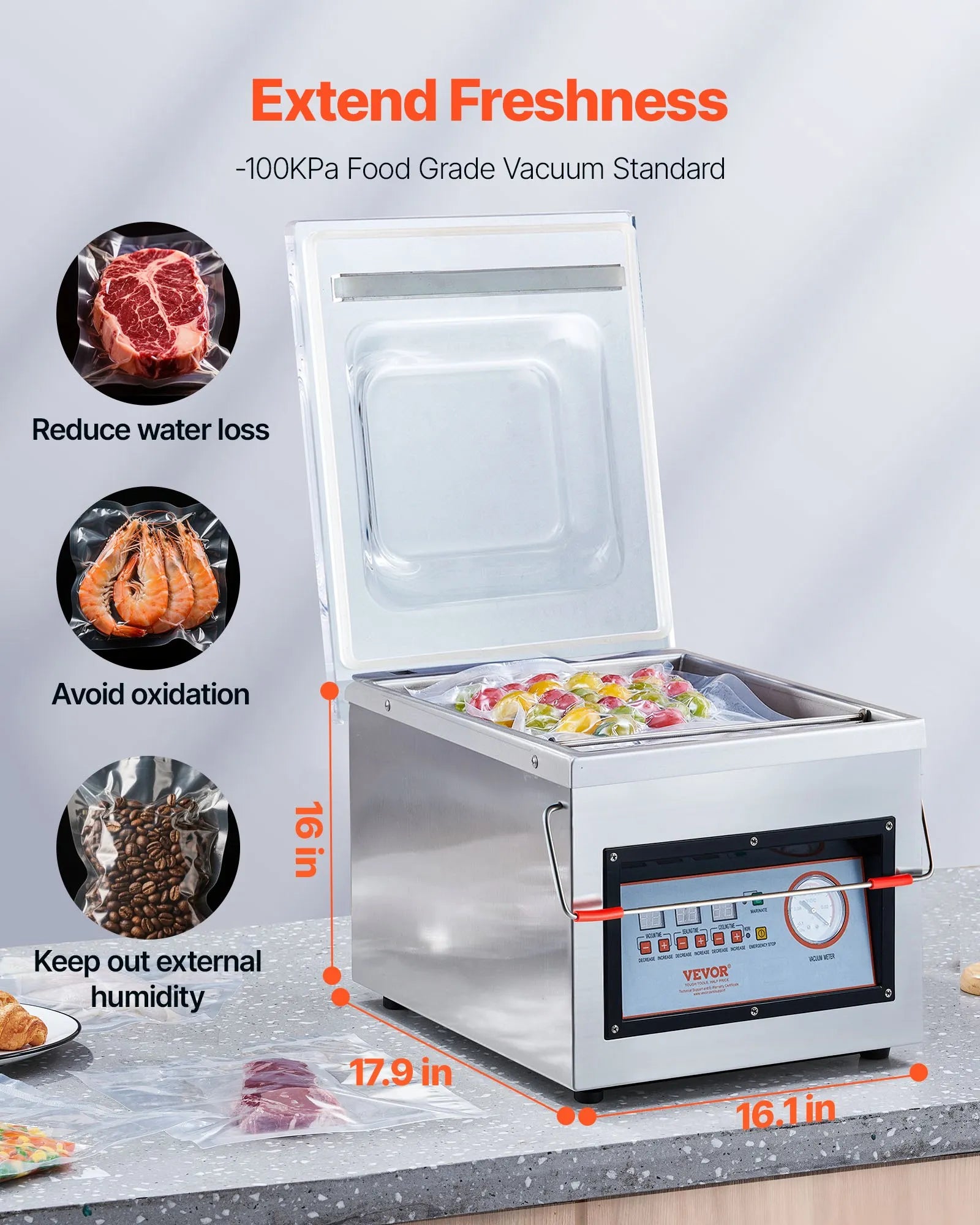 DZ-260C-V1 Chamber Vacuum Sealer Machine 320W, 12.6" Seal Bar, -100KPa Commercial Food Vacuum Sealer