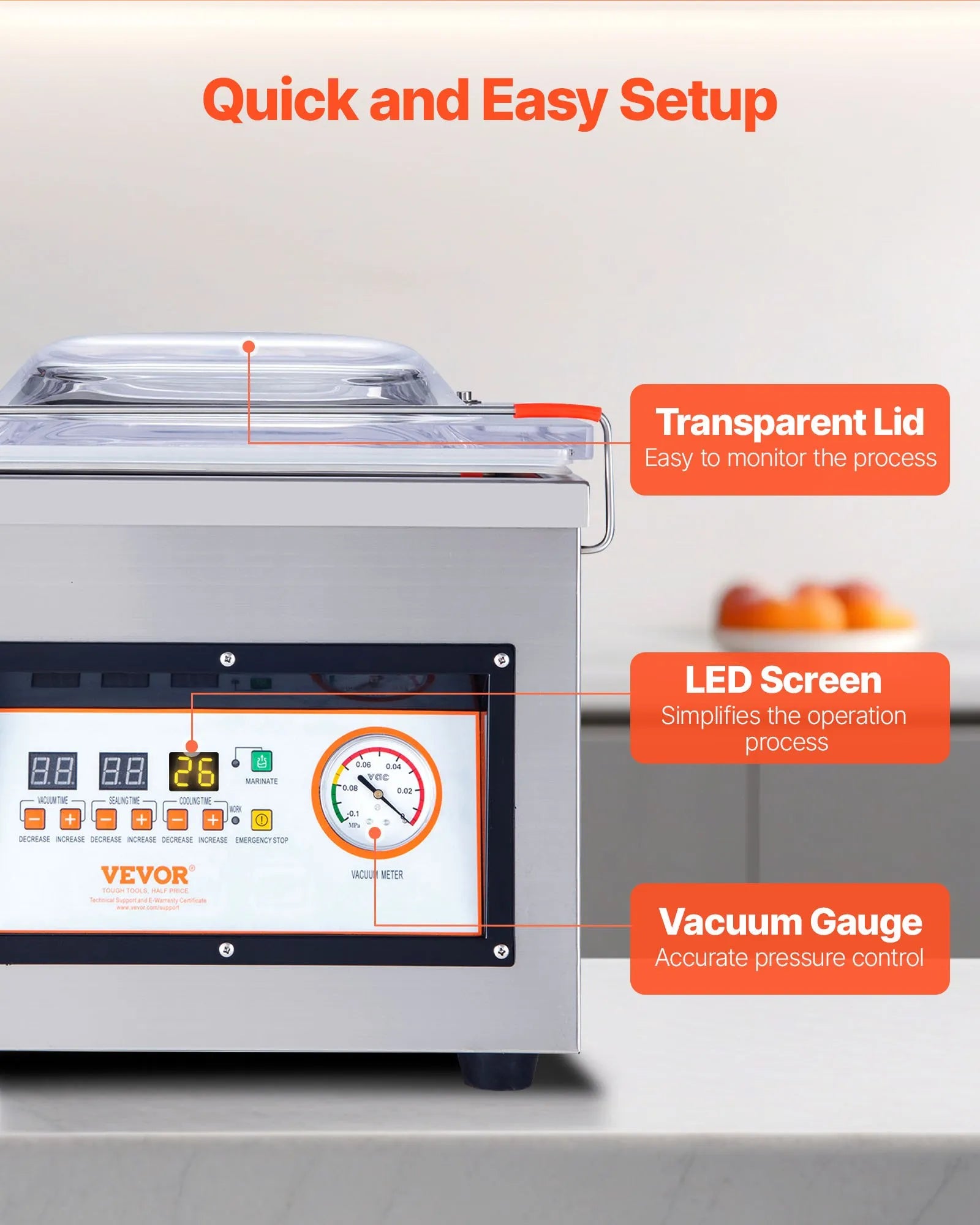 DZ-260C-V1 Chamber Vacuum Sealer Machine 320W, 12.6" Seal Bar, -100KPa Commercial Food Vacuum Sealer