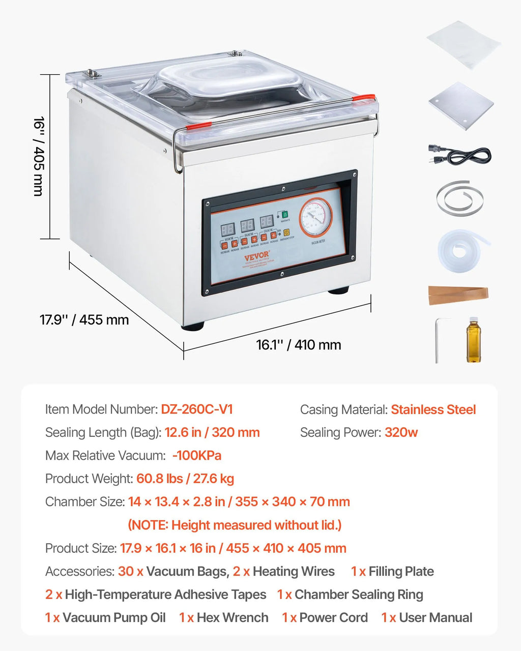 DZ-260C-V1 Chamber Vacuum Sealer Machine 320W, 12.6" Seal Bar, -100KPa Commercial Food Vacuum Sealer
