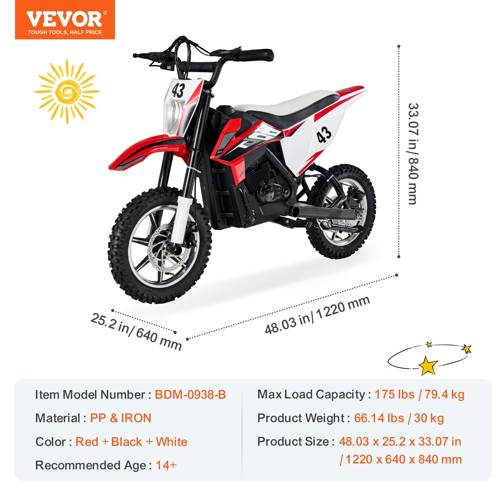 36V Kids Electric Ride-On Motorcycle, 15.5 MPH, Ages 14+
