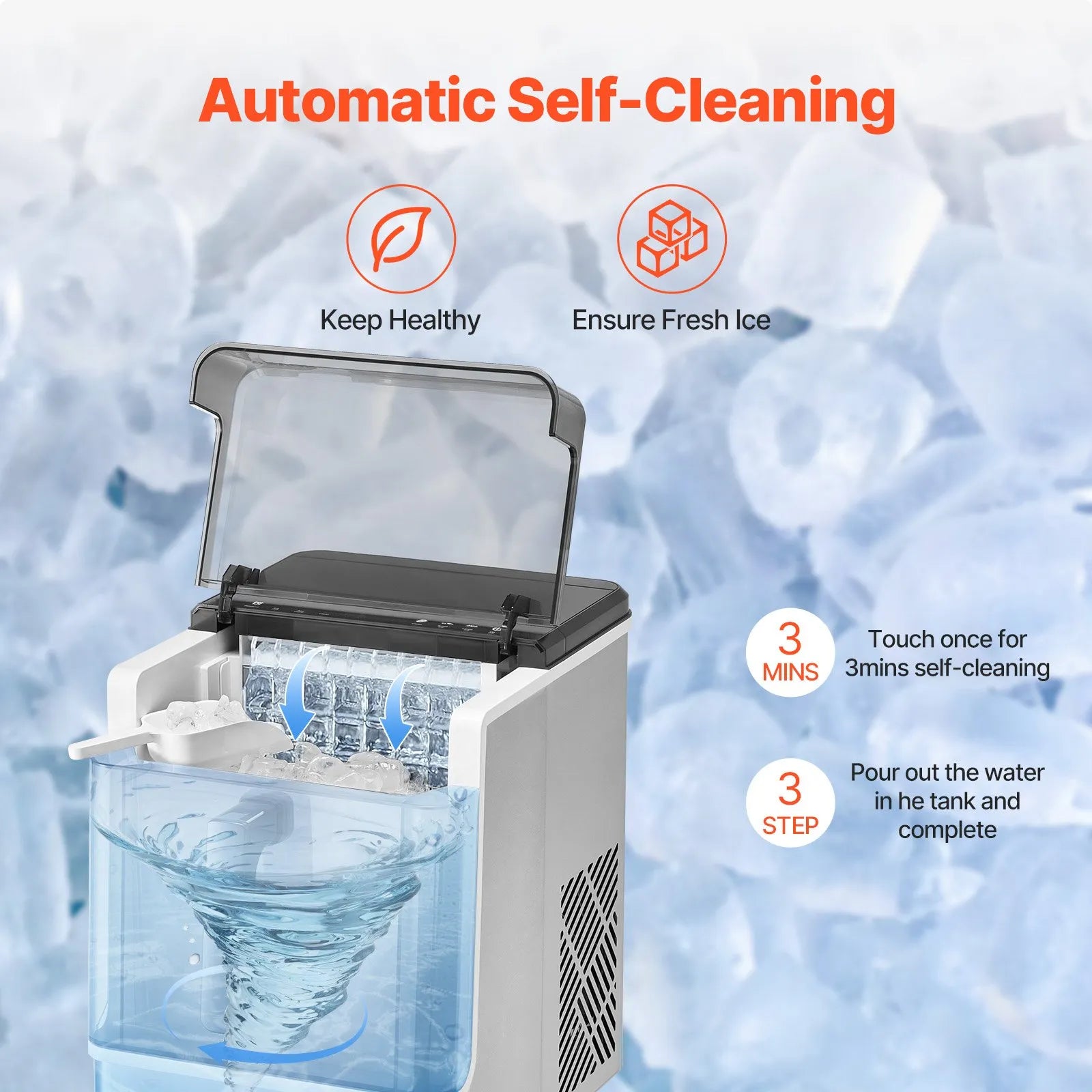 ICM2366 Countertop Ice Maker, 50 lbs/Day, 32 Ice Cubes in 15 Mins, 3 Ice Sizes, Self-Cleaning Portable Ice Machine