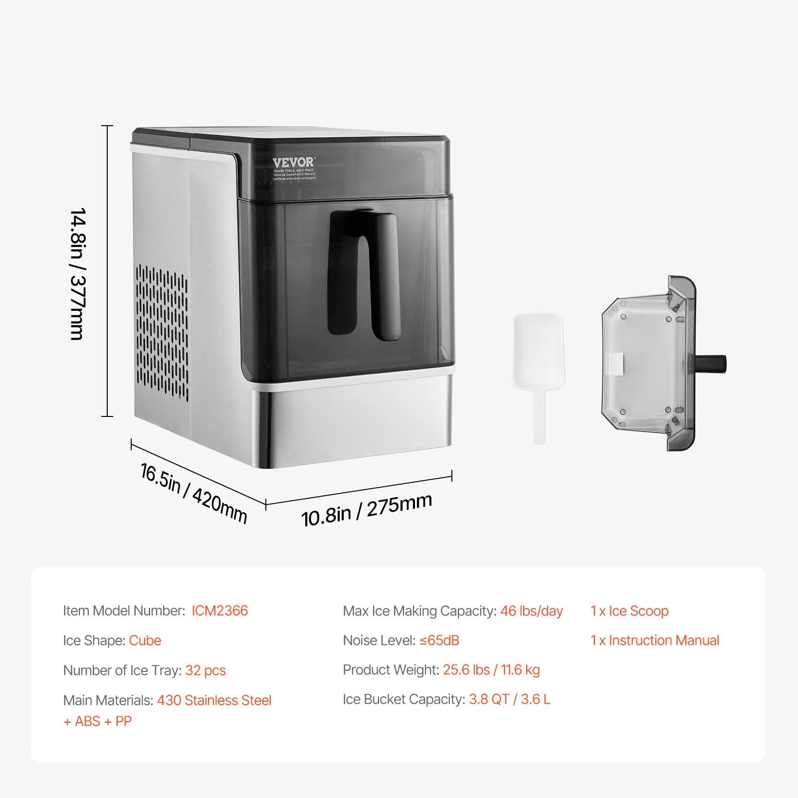 ICM2366 Countertop Ice Maker, 50 lbs/Day, 32 Ice Cubes in 15 Mins, 3 Ice Sizes, Self-Cleaning Portable Ice Machine