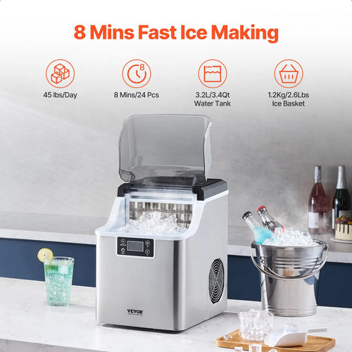 45LB/Day Countertop Ice Maker, 24 Ice Cubes in 15 Mins, 3 Sizes, Self-Cleaning Portable Ice Machine