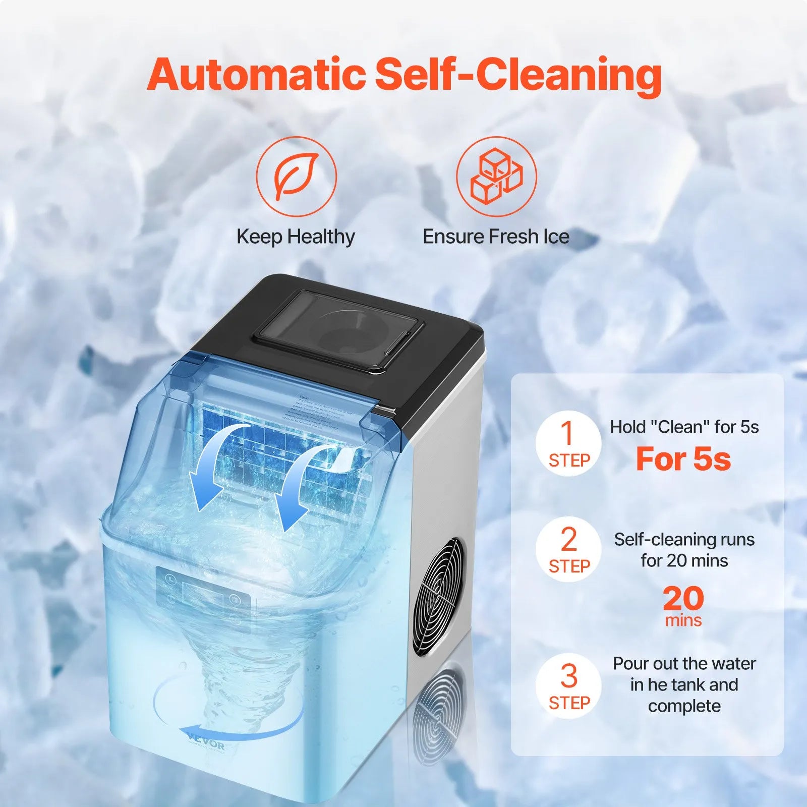45LB/Day Countertop Ice Maker, 24 Ice Cubes in 15 Mins, 3 Sizes, Self-Cleaning Portable Ice Machine