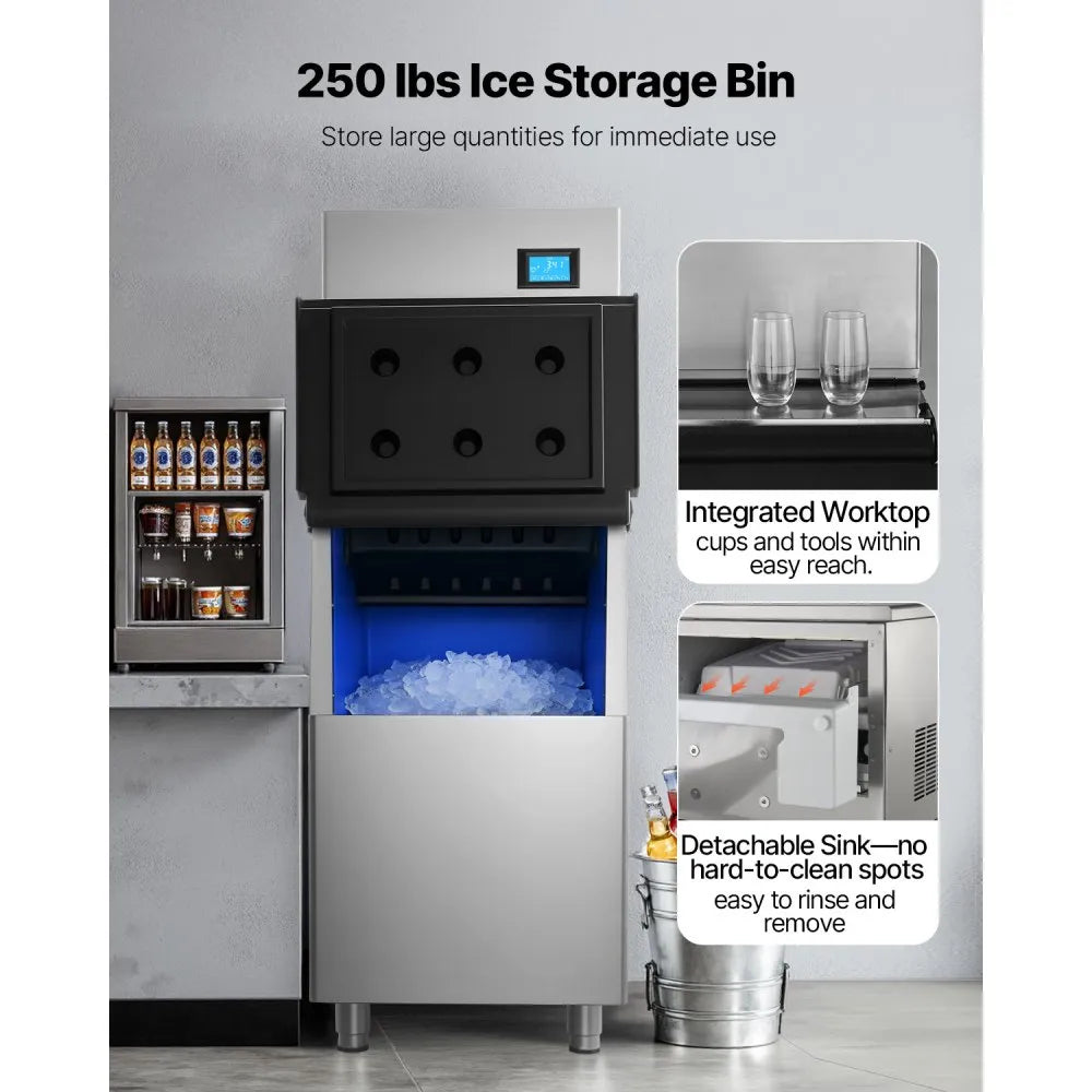Commercial Ice Maker Machine 360 lbs/24H with 250 lbs Storage Bin, Stainless Steel, Self-Cleaning Touchscreen